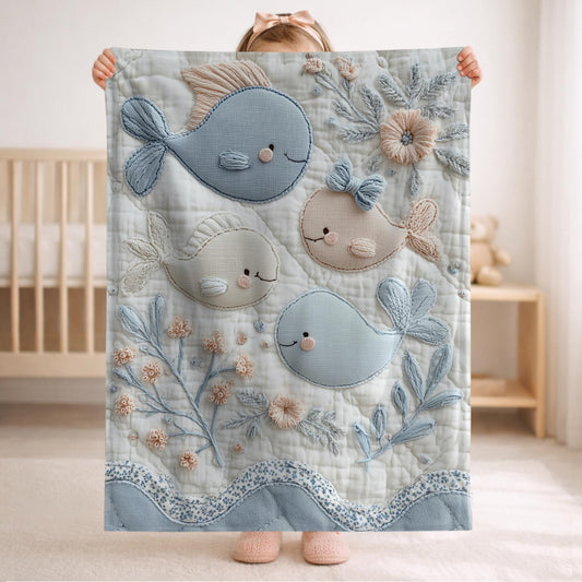 Soft embroidered-look baby blanket featuring a calm fish motif with delicate floral details. Gentle neutral and pastel tones — a timeless boutique-style gift for modern, serene nurseries.
