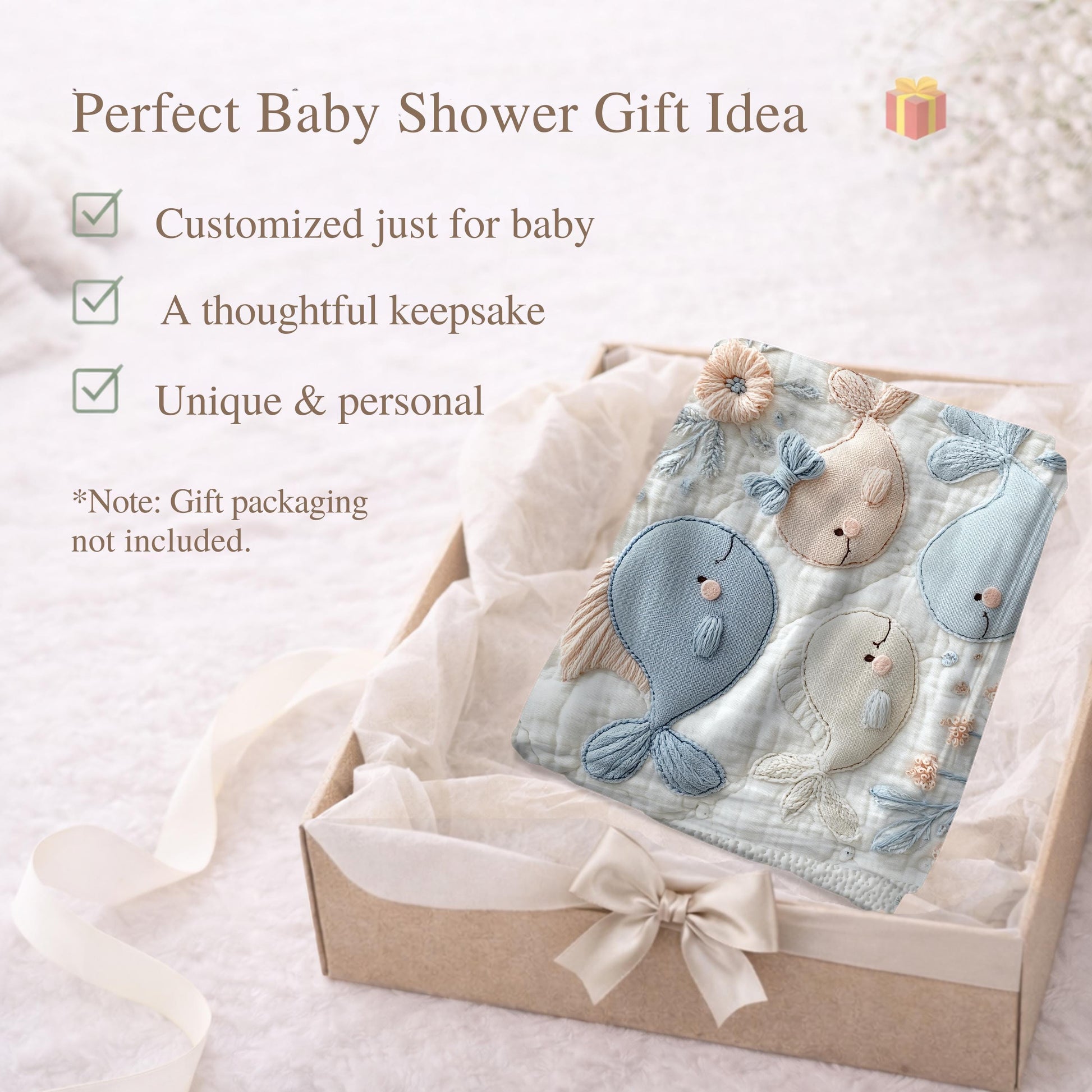 Soft embroidered-look baby blanket featuring a calm fish motif with delicate floral details. Gentle neutral and pastel tones — a timeless boutique-style gift for modern, serene nurseries.