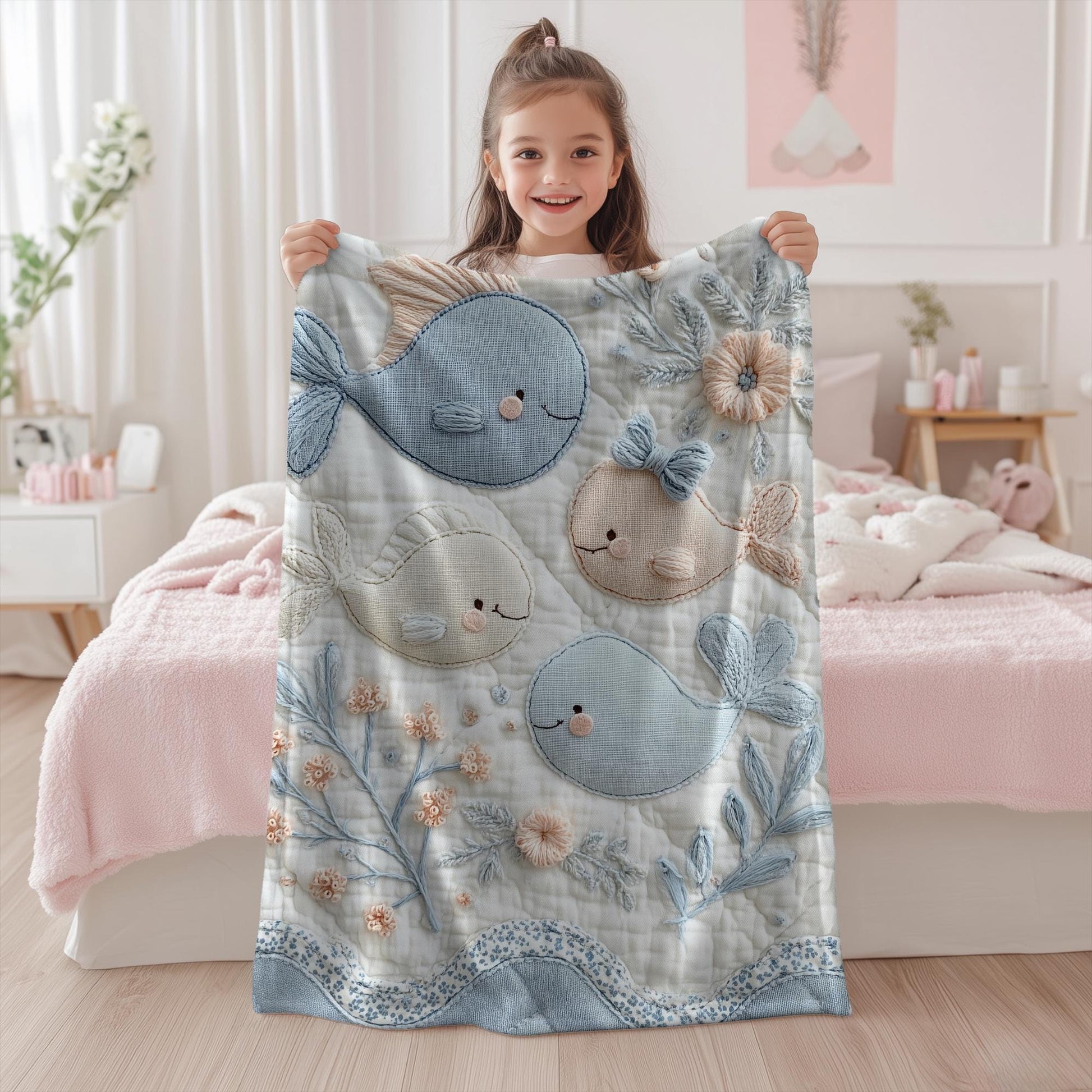 Soft embroidered-look baby blanket featuring a calm fish motif with delicate floral details. Gentle neutral and pastel tones — a timeless boutique-style gift for modern, serene nurseries.