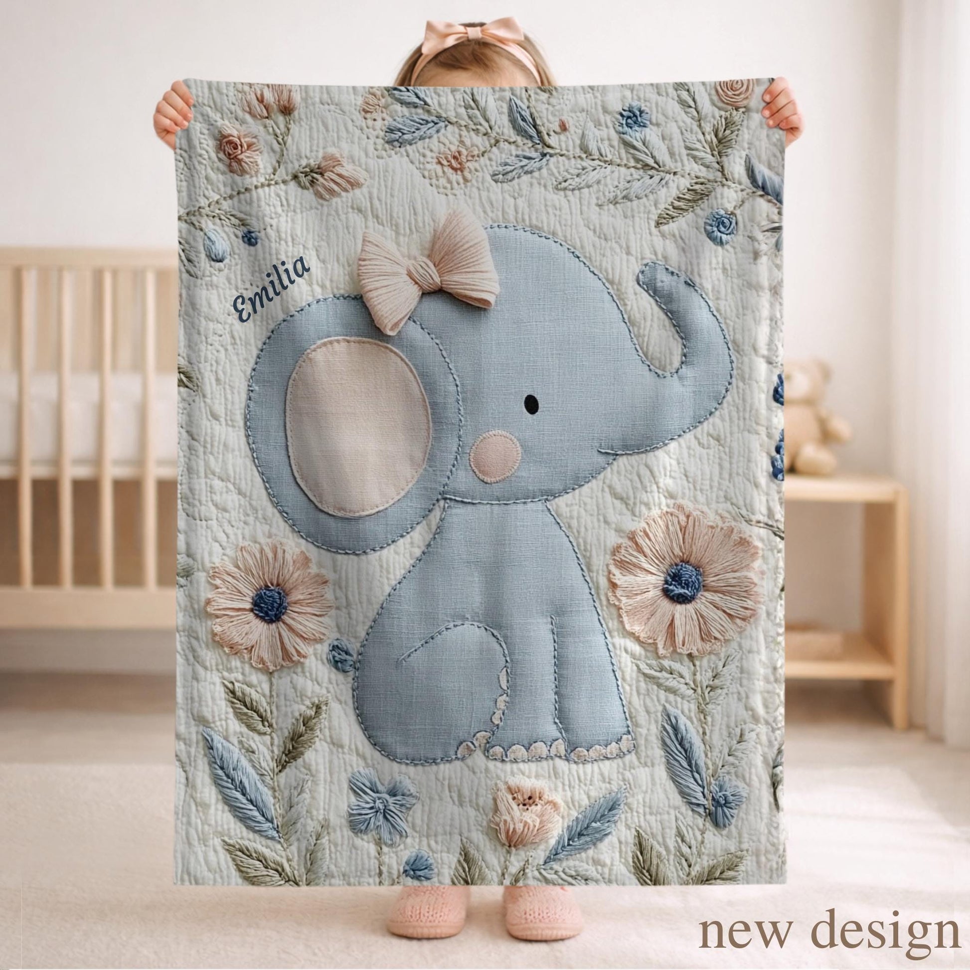 Soft embroidered-look elephant baby blanket with pastel florals. Neutral tones, cozy fabric — a boutique newborn gift for calm, modern nursery decor.