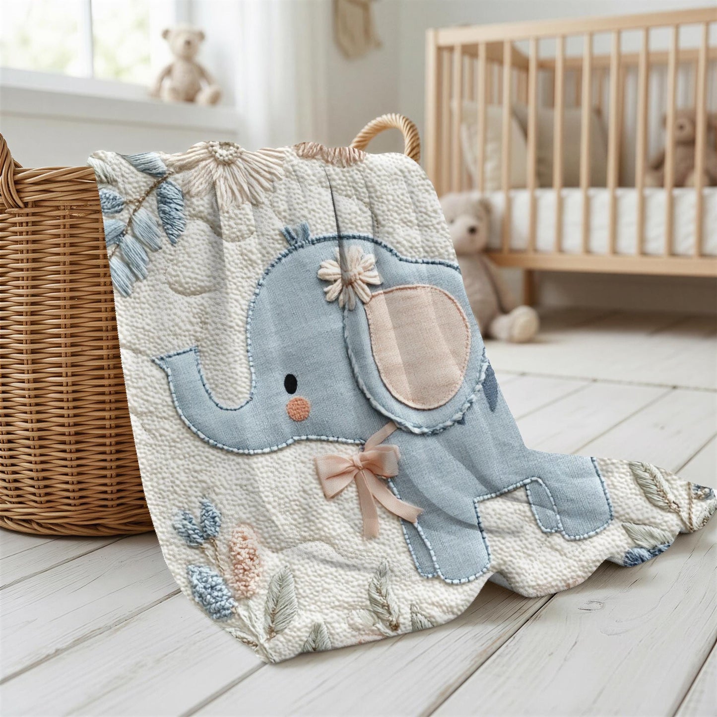 Soft embroidered-look elephant baby blanket with pastel florals. Neutral tones, cozy fabric — a boutique newborn gift for calm, modern nursery decor.