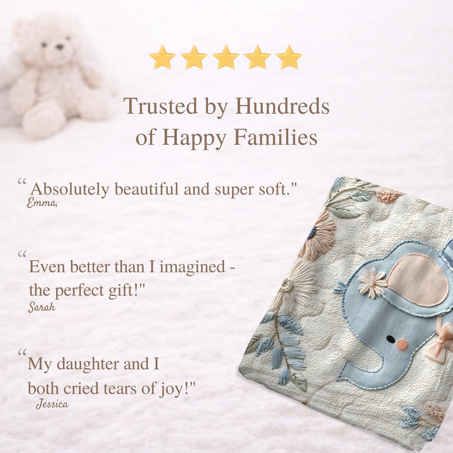 Soft embroidered-look elephant baby blanket with pastel florals. Neutral tones, cozy fabric — a boutique newborn gift for calm, modern nursery decor.