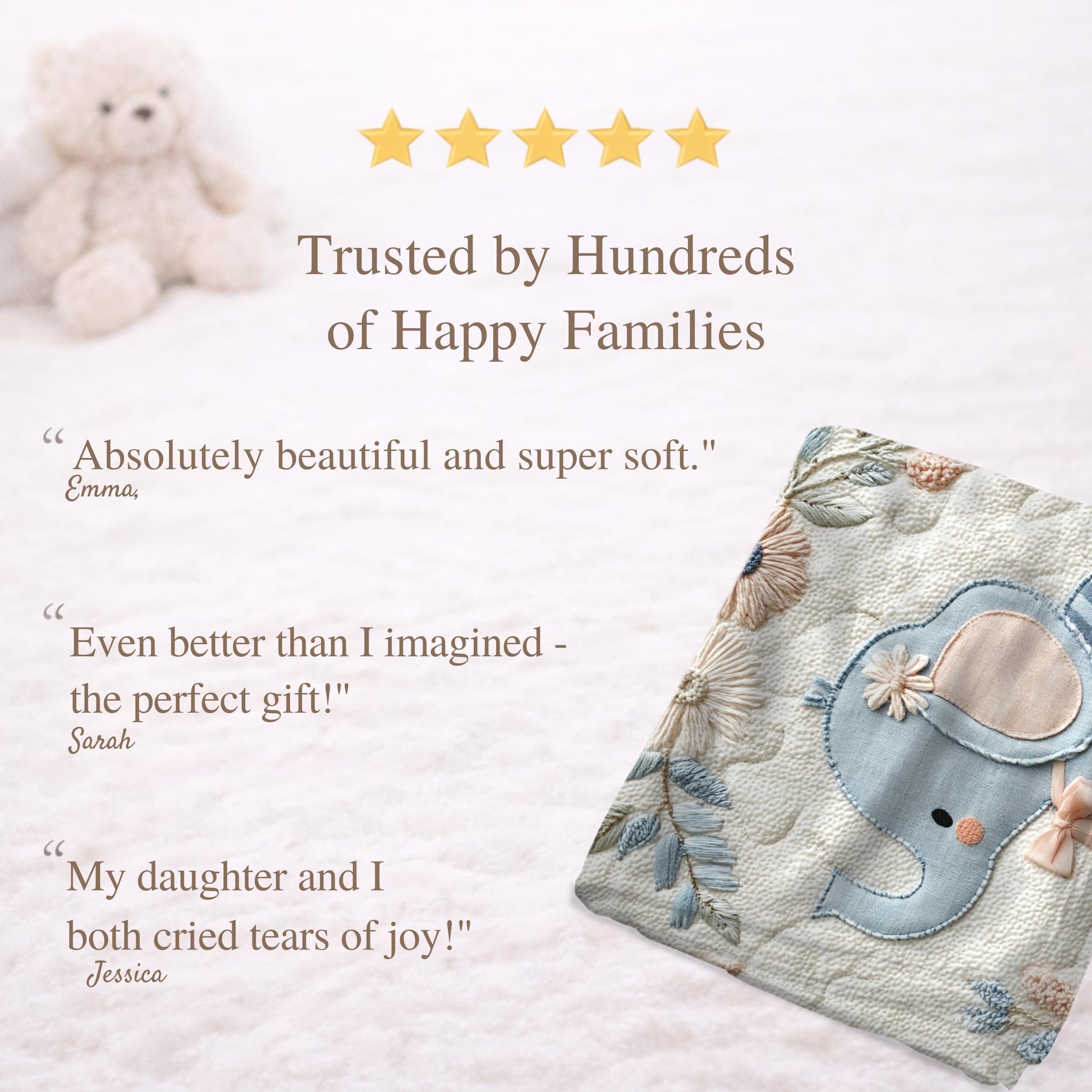 Soft embroidered-look elephant baby blanket with pastel florals. Neutral tones, cozy fabric — a boutique newborn gift for calm, modern nursery decor.