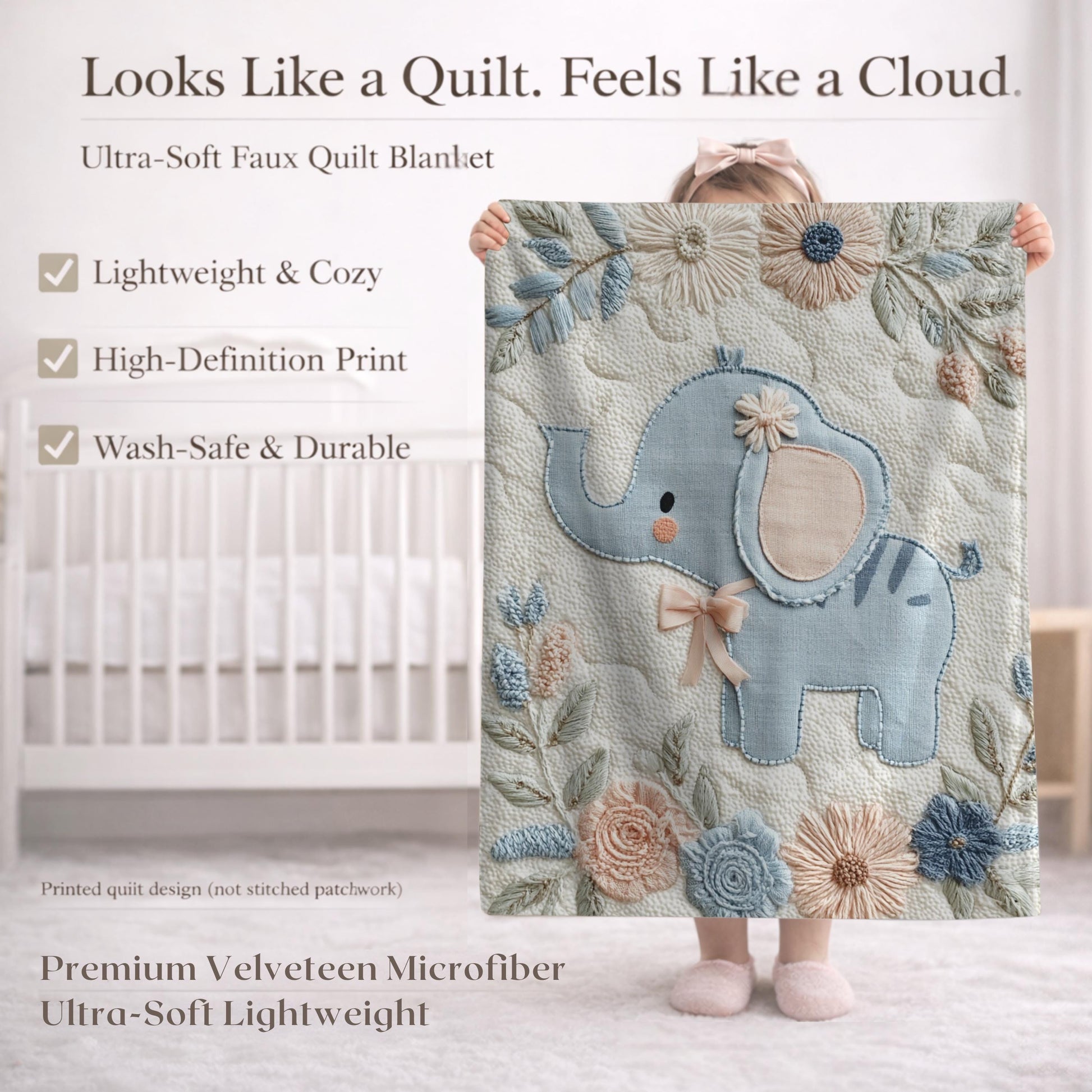 Soft embroidered-look elephant baby blanket with pastel florals. Neutral tones, cozy fabric — a boutique newborn gift for calm, modern nursery decor.
