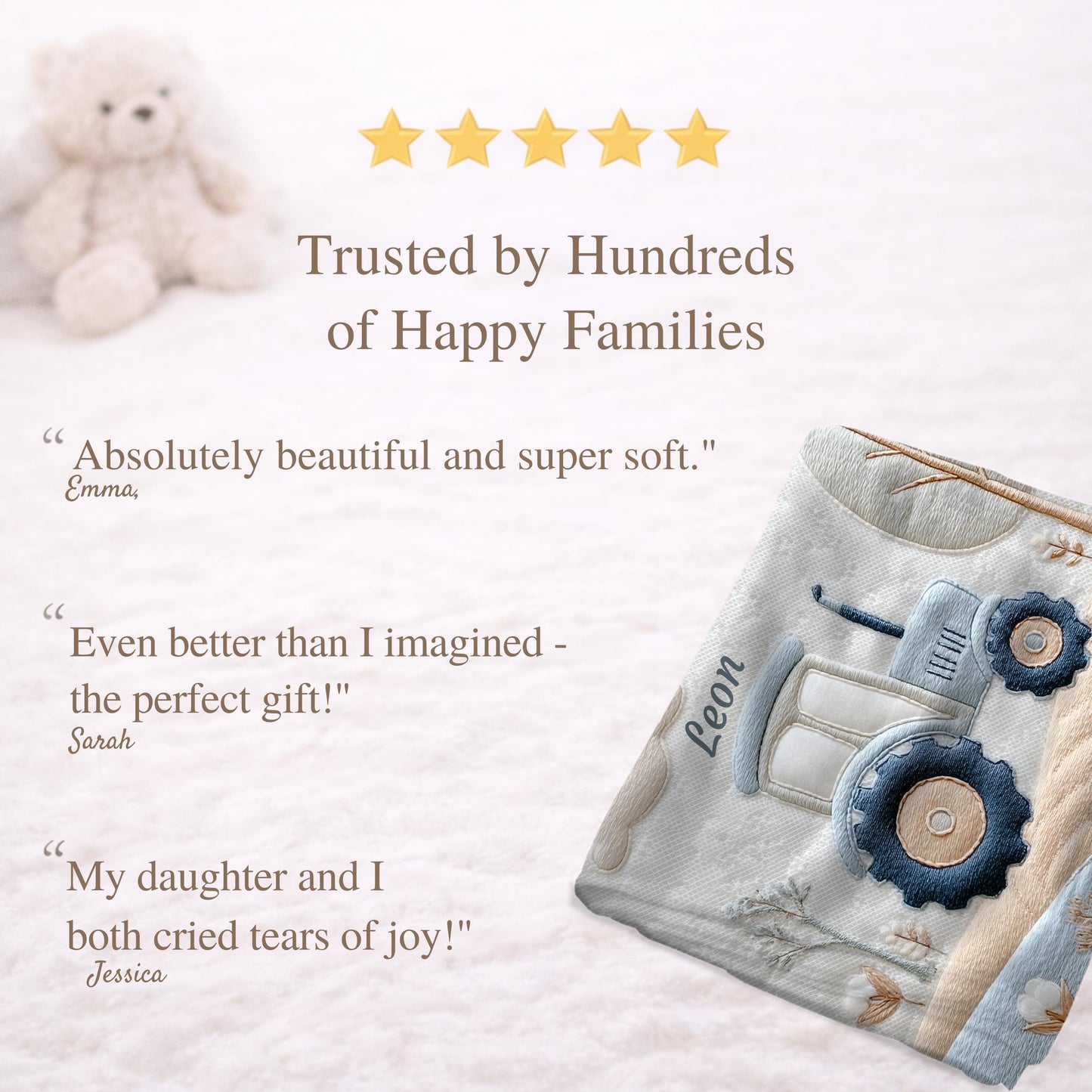 Personalized Traktor baby blanket with name - embroidered look details in soft neutral colors. A cozy newborn blanket and timeless boutique baby gift.