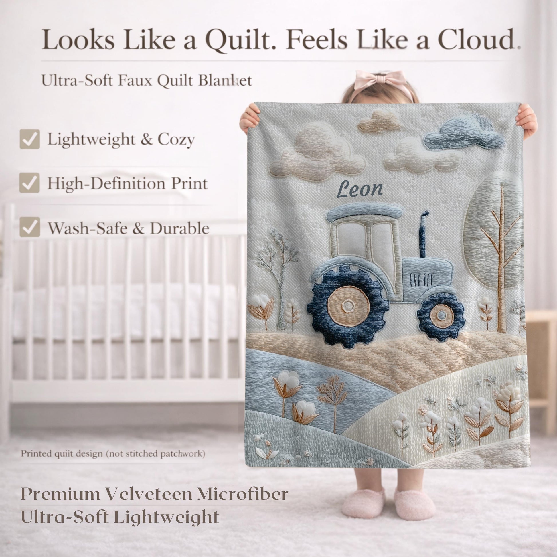 Personalized Traktor baby blanket with name - embroidered look details in soft neutral colors. A cozy newborn blanket and timeless boutique baby gift.