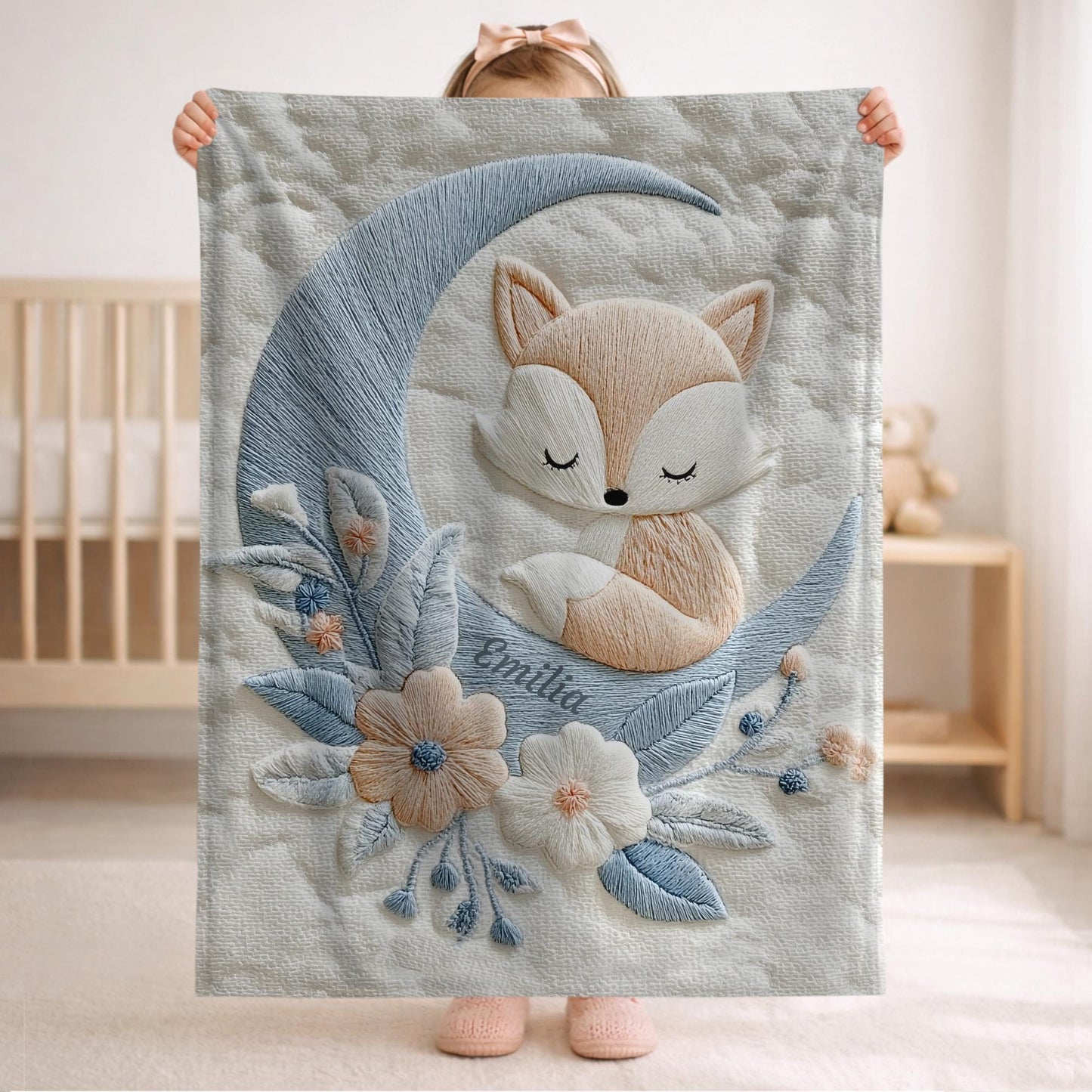 Personalized fox baby blanket with name - embroidered-look details in soft neutral colors. A cozy newborn blanket and timeless boutique baby gift.