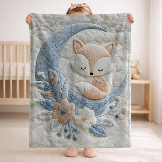 Personalized fox baby blanket with name - embroidered-look details in soft neutral colors. A cozy newborn blanket and timeless boutique baby gift.