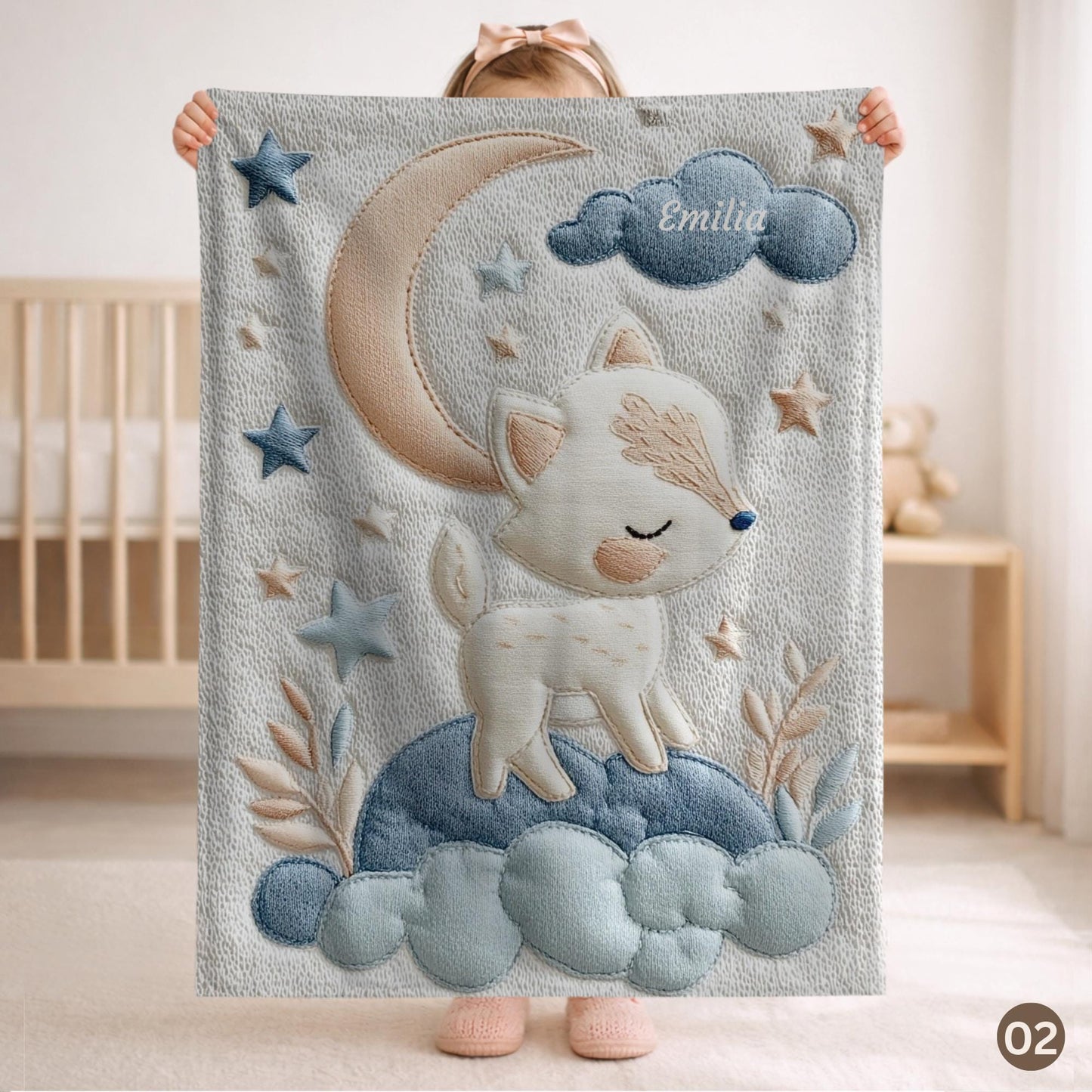 Personalized fox baby blanket with name - embroidered-look details in soft neutral colors. A cozy newborn blanket and timeless boutique baby gift.