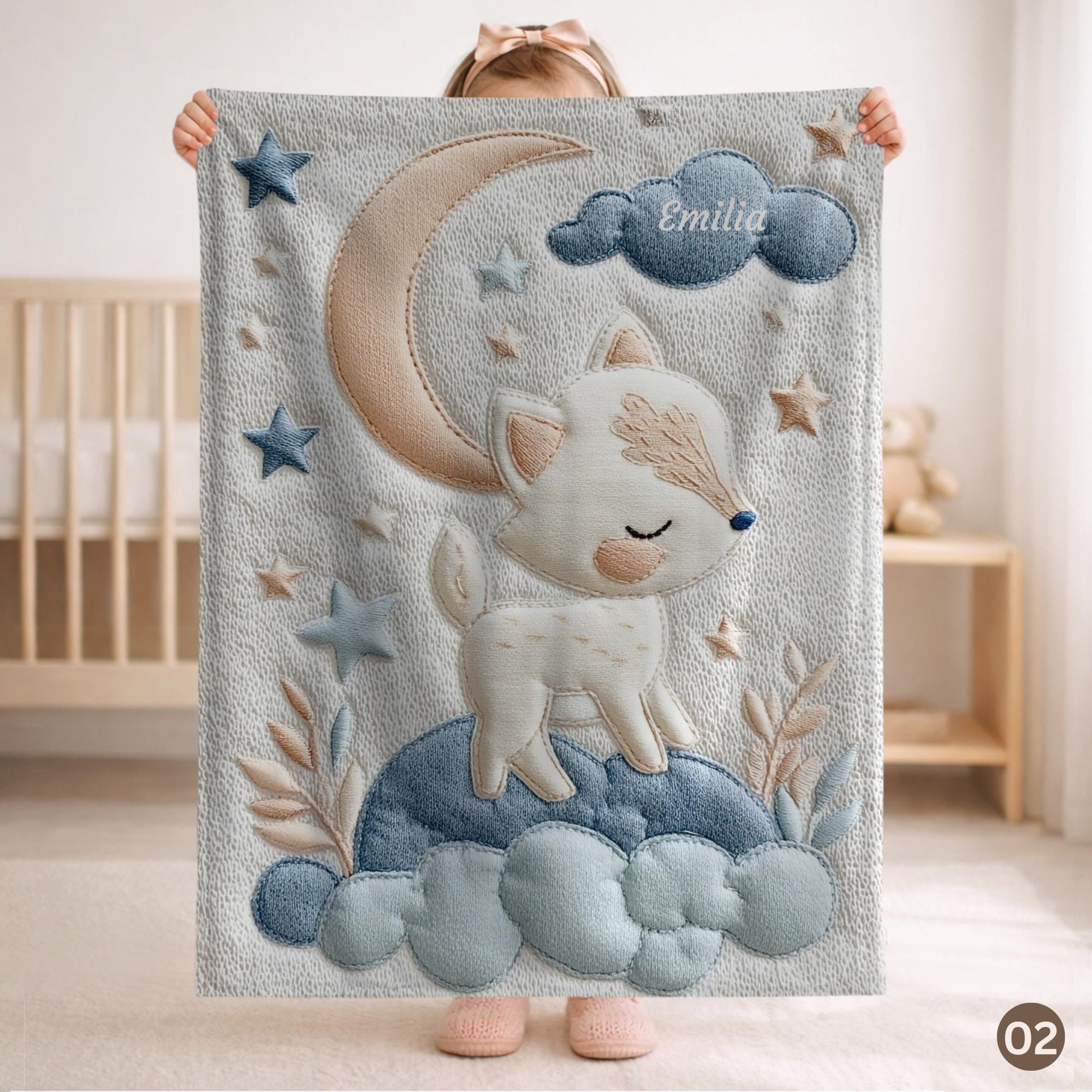 Personalized fox baby blanket with name - embroidered-look details in soft neutral colors. A cozy newborn blanket and timeless boutique baby gift.