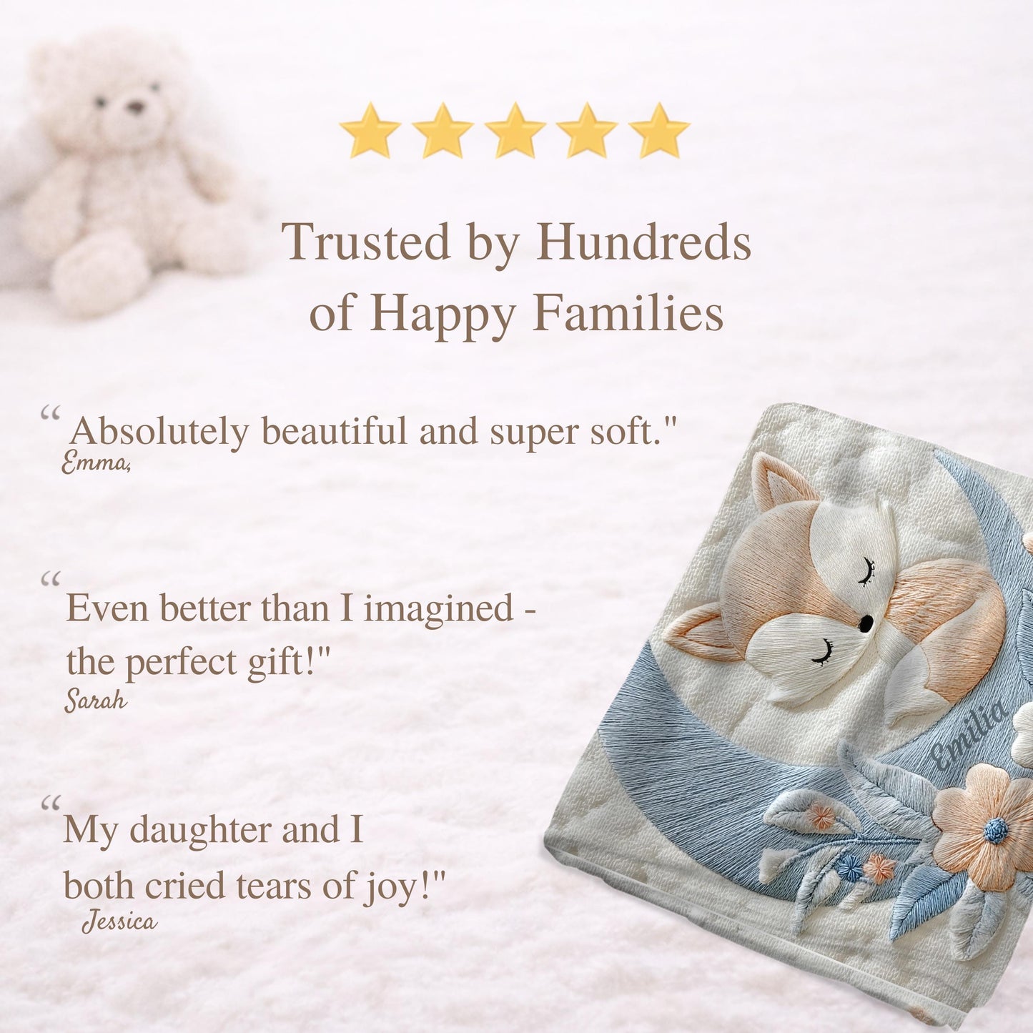 Personalized fox baby blanket with name - embroidered-look details in soft neutral colors. A cozy newborn blanket and timeless boutique baby gift.