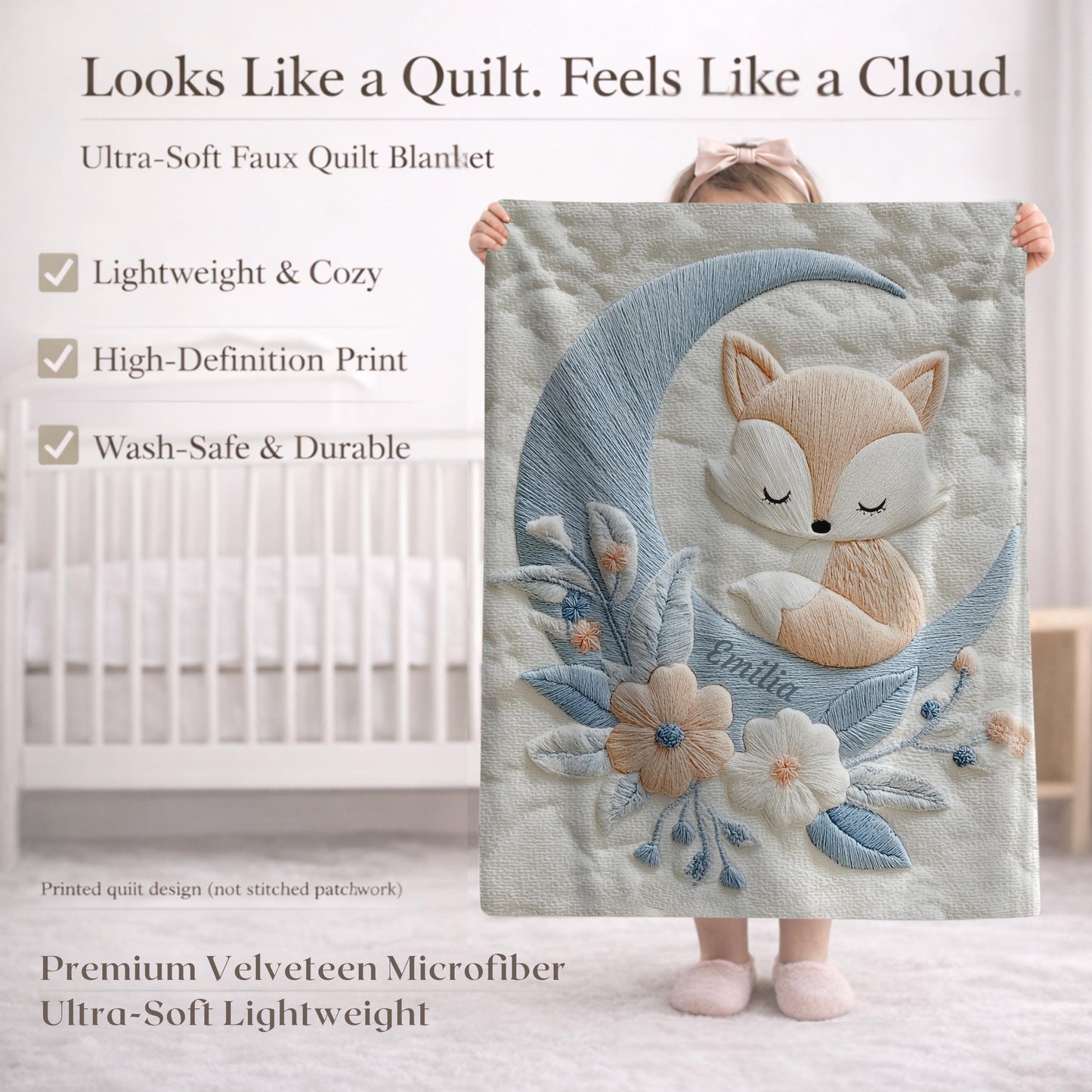 Personalized fox baby blanket with name - embroidered-look details in soft neutral colors. A cozy newborn blanket and timeless boutique baby gift.
