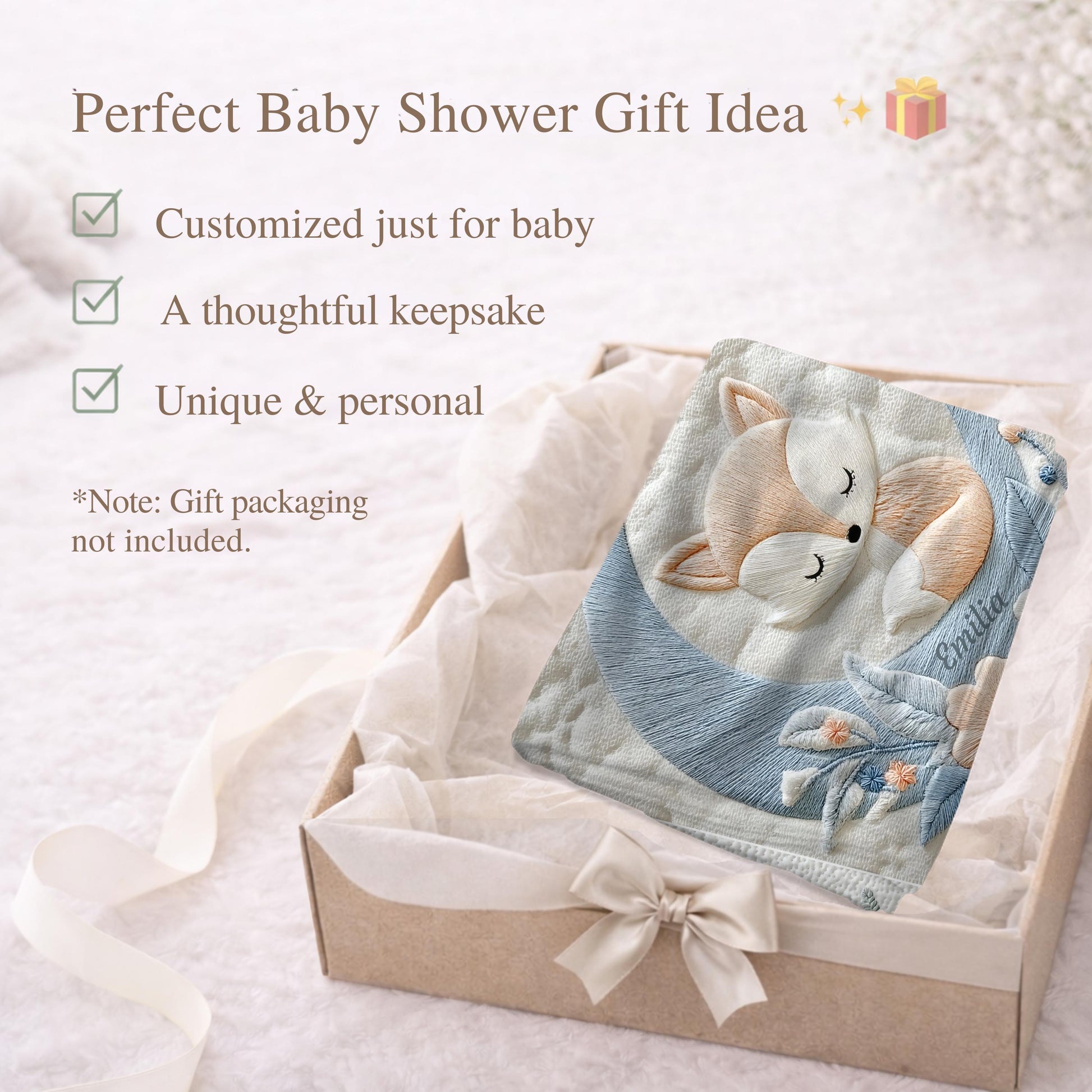 Personalized fox baby blanket with name - embroidered-look details in soft neutral colors. A cozy newborn blanket and timeless boutique baby gift.