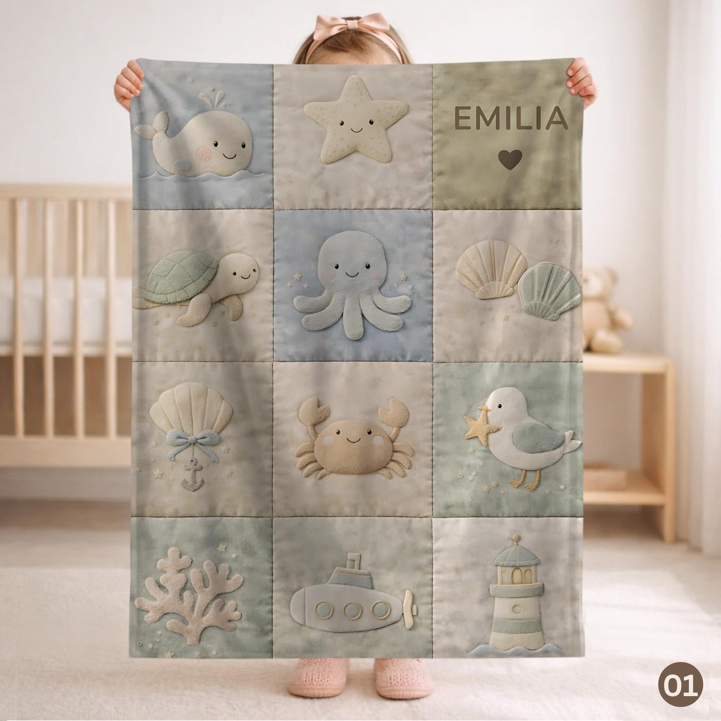 Personalized patchwork look baby blanket with name, crab, whale and octopus in a soft underwater quilt design. Cozy newborn blanket and baby gift.