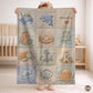 Personalized patchwork look baby blanket with name, crab, whale and octopus in a soft underwater quilt design. Cozy newborn blanket and baby gift.