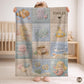 Personalized patchwork look baby blanket with name, crab, whale and octopus in a soft underwater quilt design. Cozy newborn blanket and baby gift.