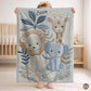 Personalized Safari baby blanket with name - embroidered look details in soft neutral colors. A cozy newborn blanket and timeless boutique baby gift.