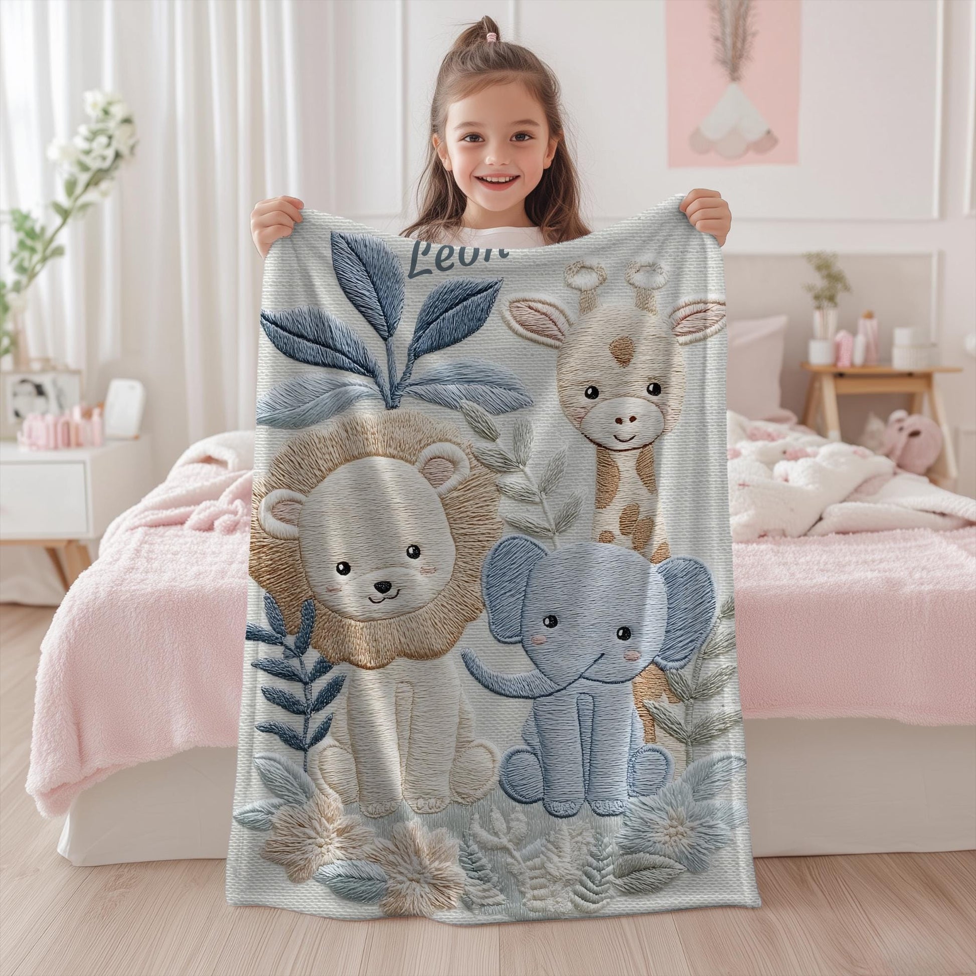 Personalized Safari baby blanket with name - embroidered look details in soft neutral colors. A cozy newborn blanket and timeless boutique baby gift.