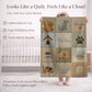 Personalized baby blanket with name in a patchwork look with cute puppy motifs in neutral tones. Printed quilt style for cozy modern nurseries.