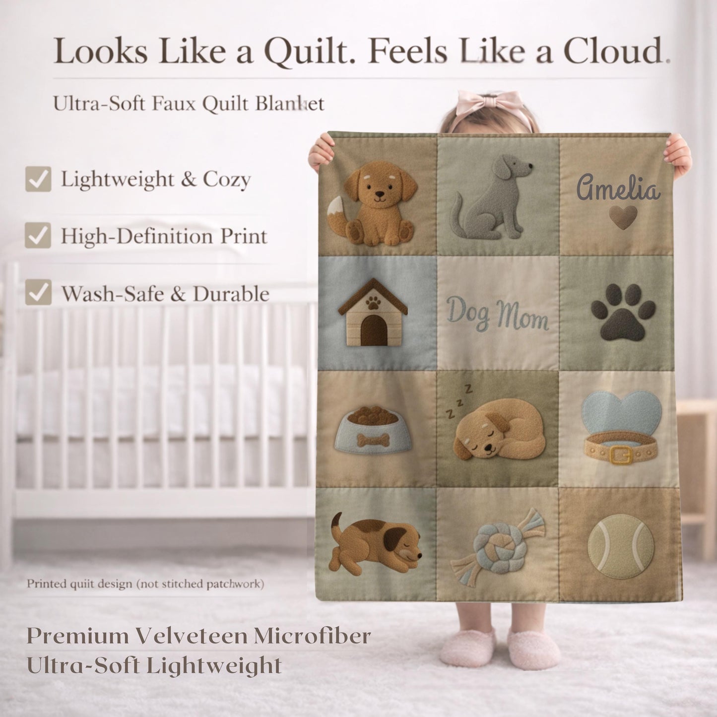 Personalized baby blanket with name in a patchwork look with cute puppy motifs in neutral tones. Printed quilt style for cozy modern nurseries.