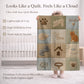 Personalized baby blanket with name in a patchwork look with sweet kitten motifs in neutral tones. Printed quilt style for cozy modern nurseries.