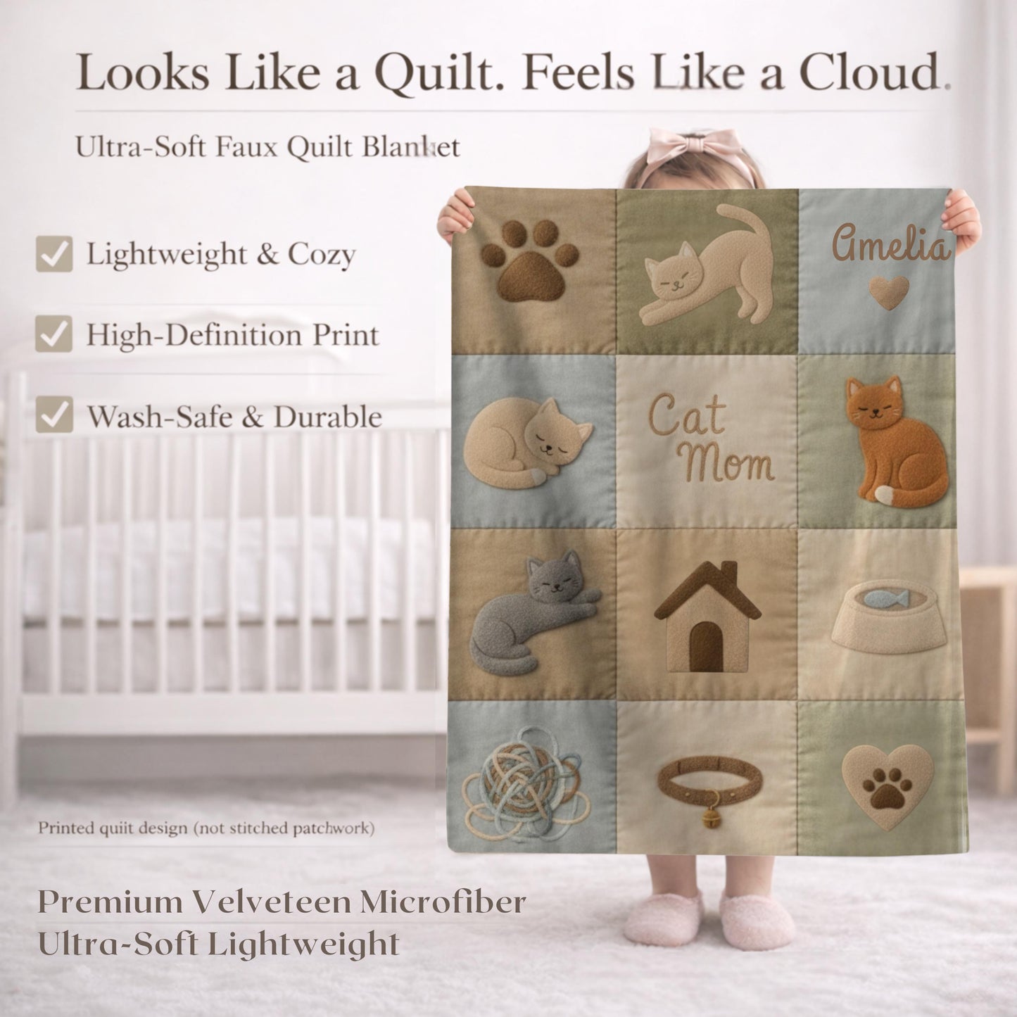 Personalized baby blanket with name in a patchwork look with sweet kitten motifs in neutral tones. Printed quilt style for cozy modern nurseries.
