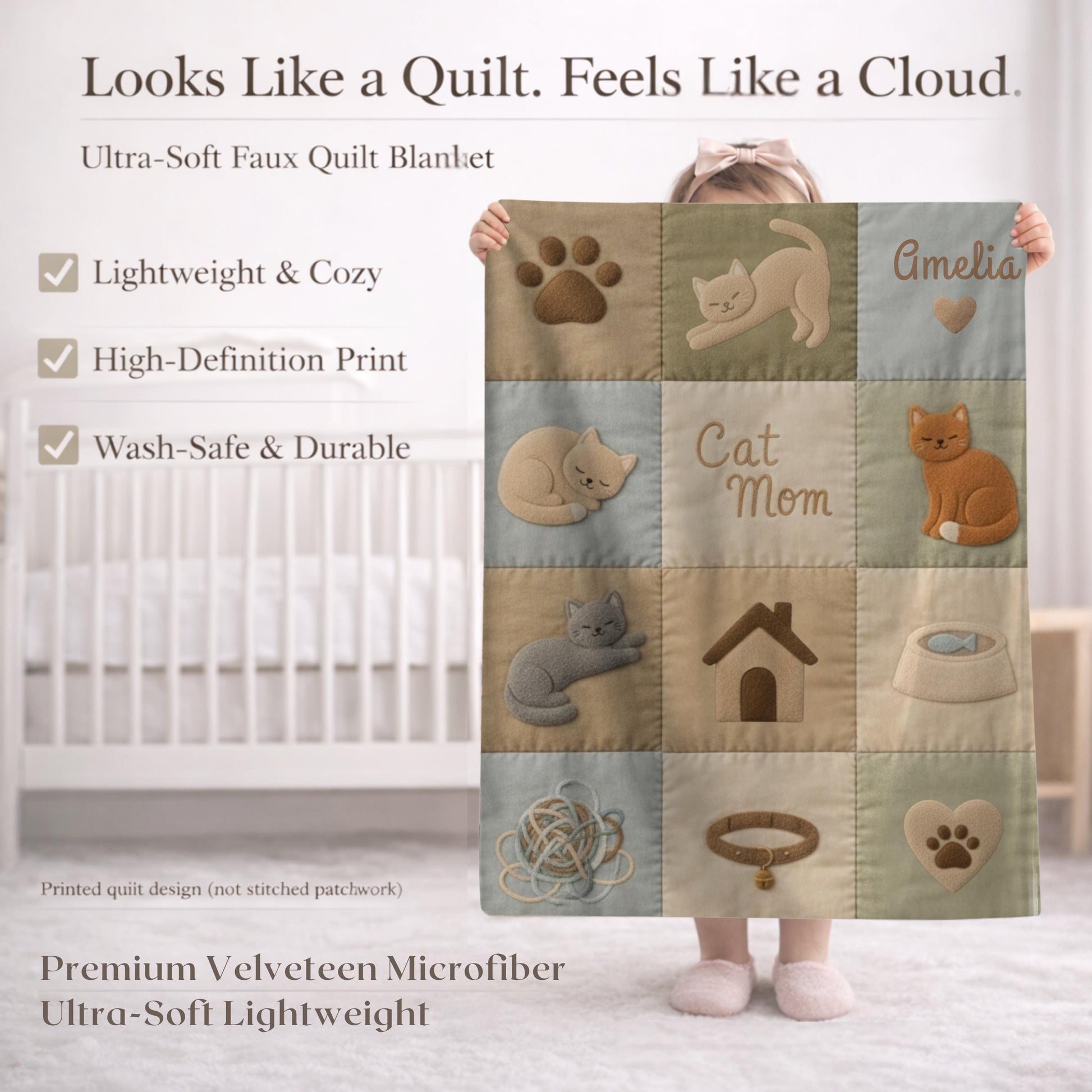 Personalized baby blanket with name in a patchwork look with sweet kitten motifs in neutral tones. Printed quilt style for cozy modern nurseries.