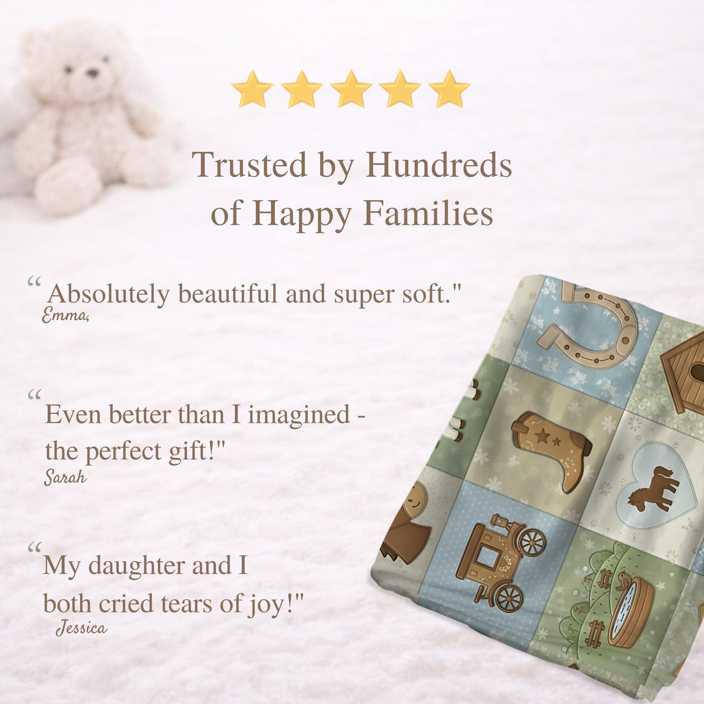 Personalized baby blanket in a patchwork look with horse and farm motifs in calm neutral tones. Printed quilt style for cozy modern nurseries.