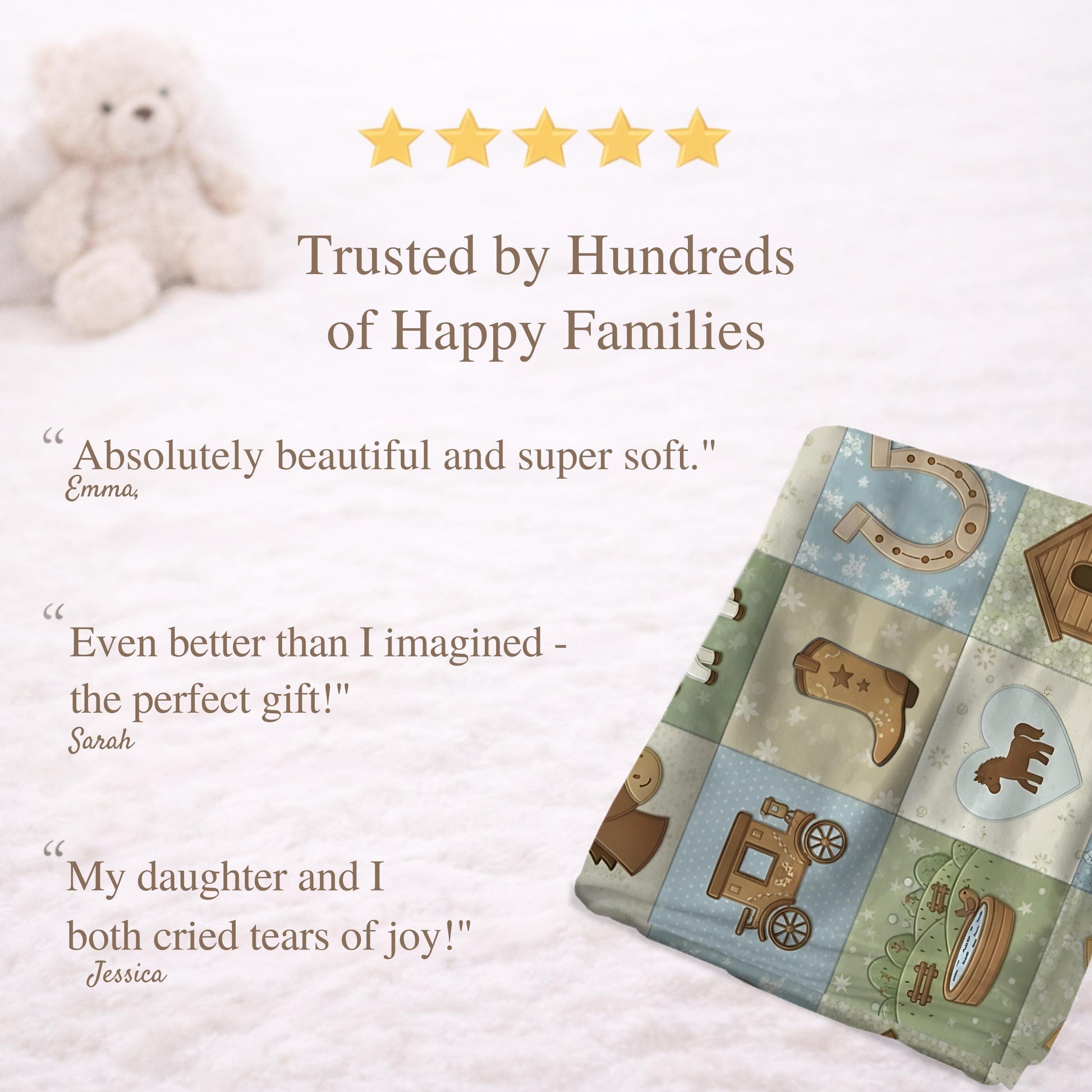 Personalized baby blanket in a patchwork look with horse and farm motifs in calm neutral tones. Printed quilt style for cozy modern nurseries.