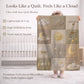 Personalized patchwork look baby blanket with clouds, sun, moon and stars in a soft quilt-style design. Neutral nursery colors with custom name.