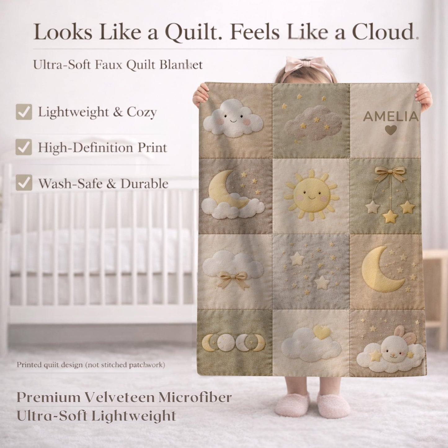 Personalized patchwork look baby blanket with clouds, sun, moon and stars in a soft quilt-style design. Neutral nursery colors with custom name.
