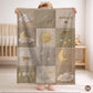 Personalized patchwork look baby blanket with clouds, sun, moon and stars in a soft quilt-style design. Neutral nursery colors with custom name.
