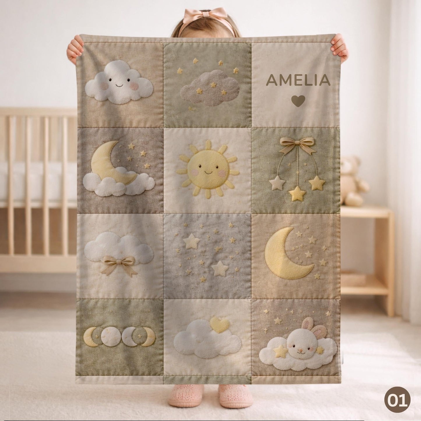 Personalized patchwork look baby blanket with clouds, sun, moon and stars in a soft quilt-style design. Neutral nursery colors with custom name.