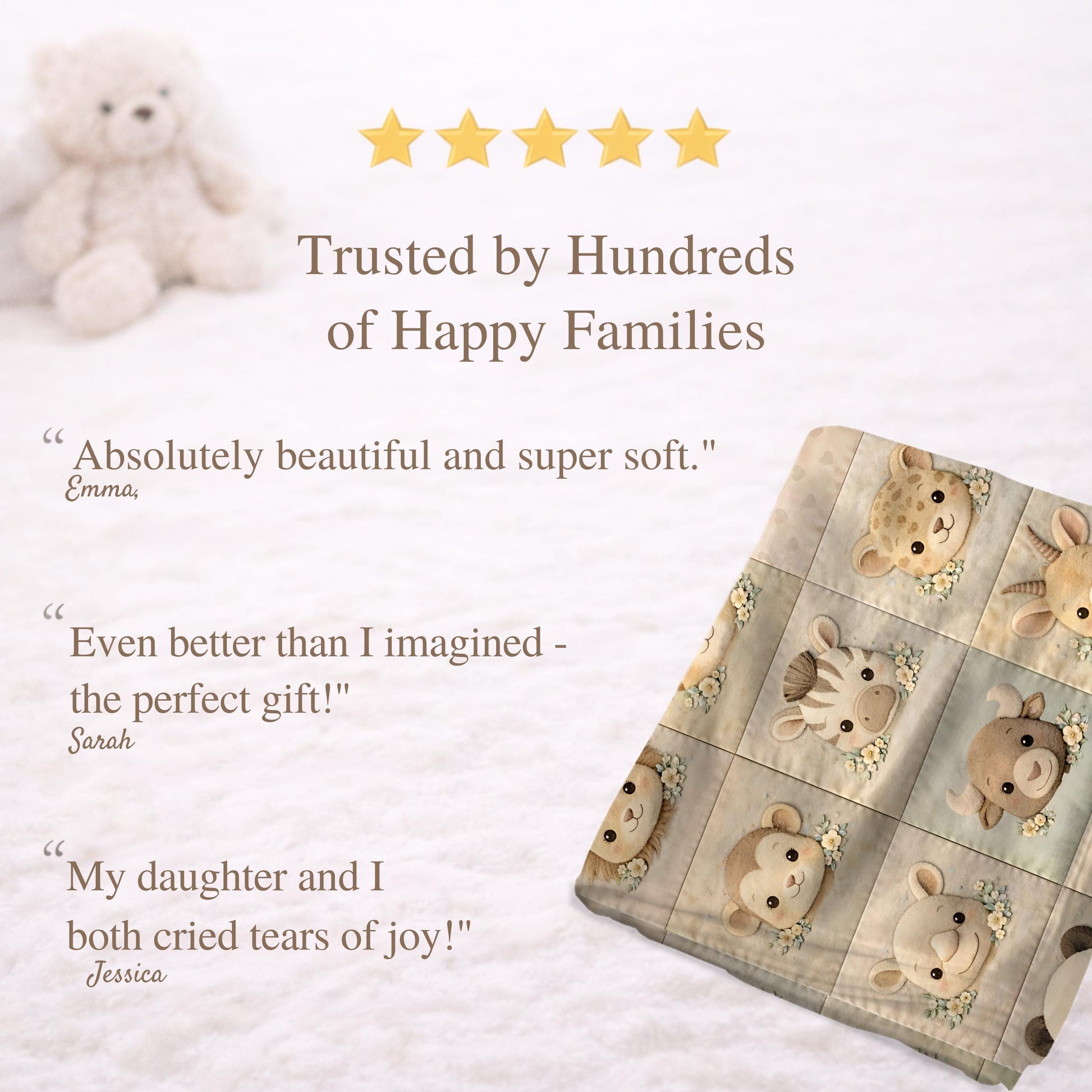 Personalized velveteen baby blanket with a quilt-inspired patchwork of soft safari animals. A cozy, timeless newborn or baby shower.
