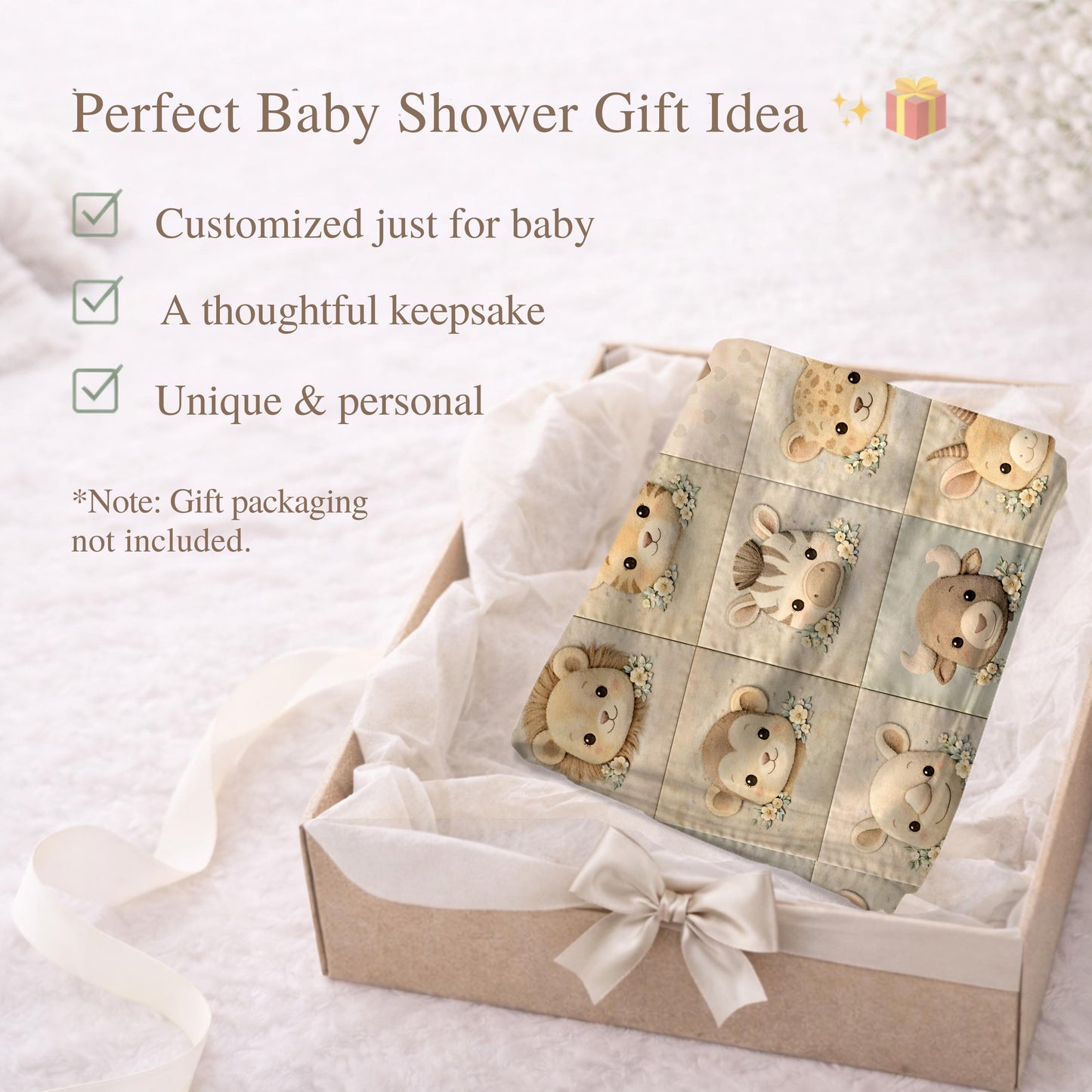 Personalized velveteen baby blanket with a quilt-inspired patchwork of soft safari animals. A cozy, timeless newborn or baby shower.