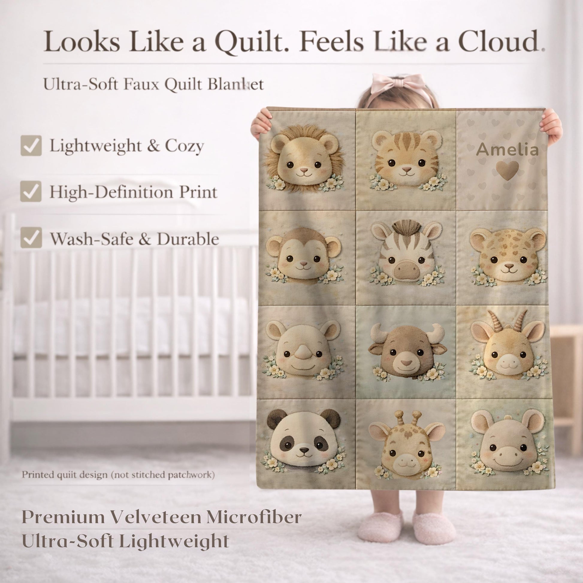 Personalized velveteen baby blanket with a quilt-inspired patchwork of soft safari animals. A cozy, timeless newborn or baby shower.