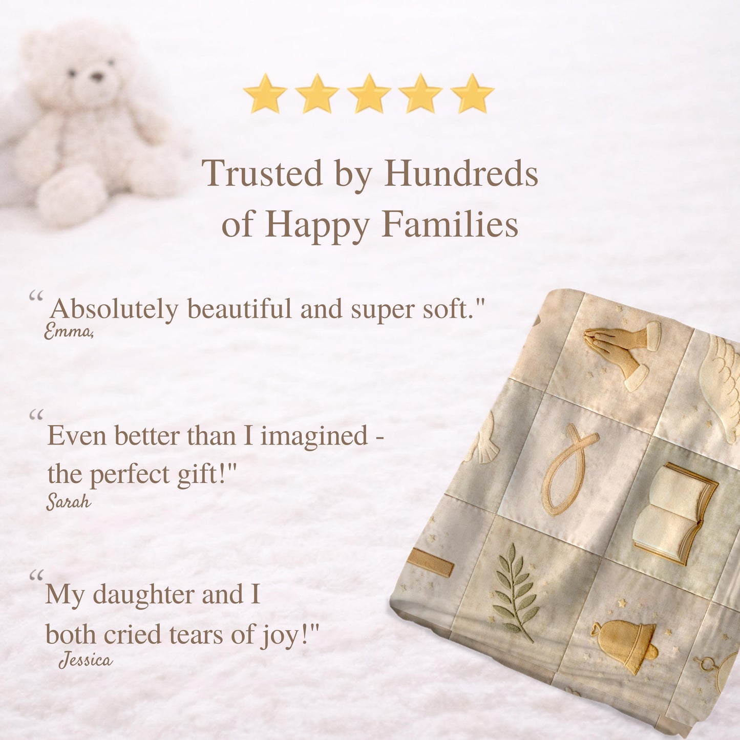 Christian patchwork look baby blanket with faith symbols in a soft quilt-style design. Neutral tones, optional name, perfect baptism gift.