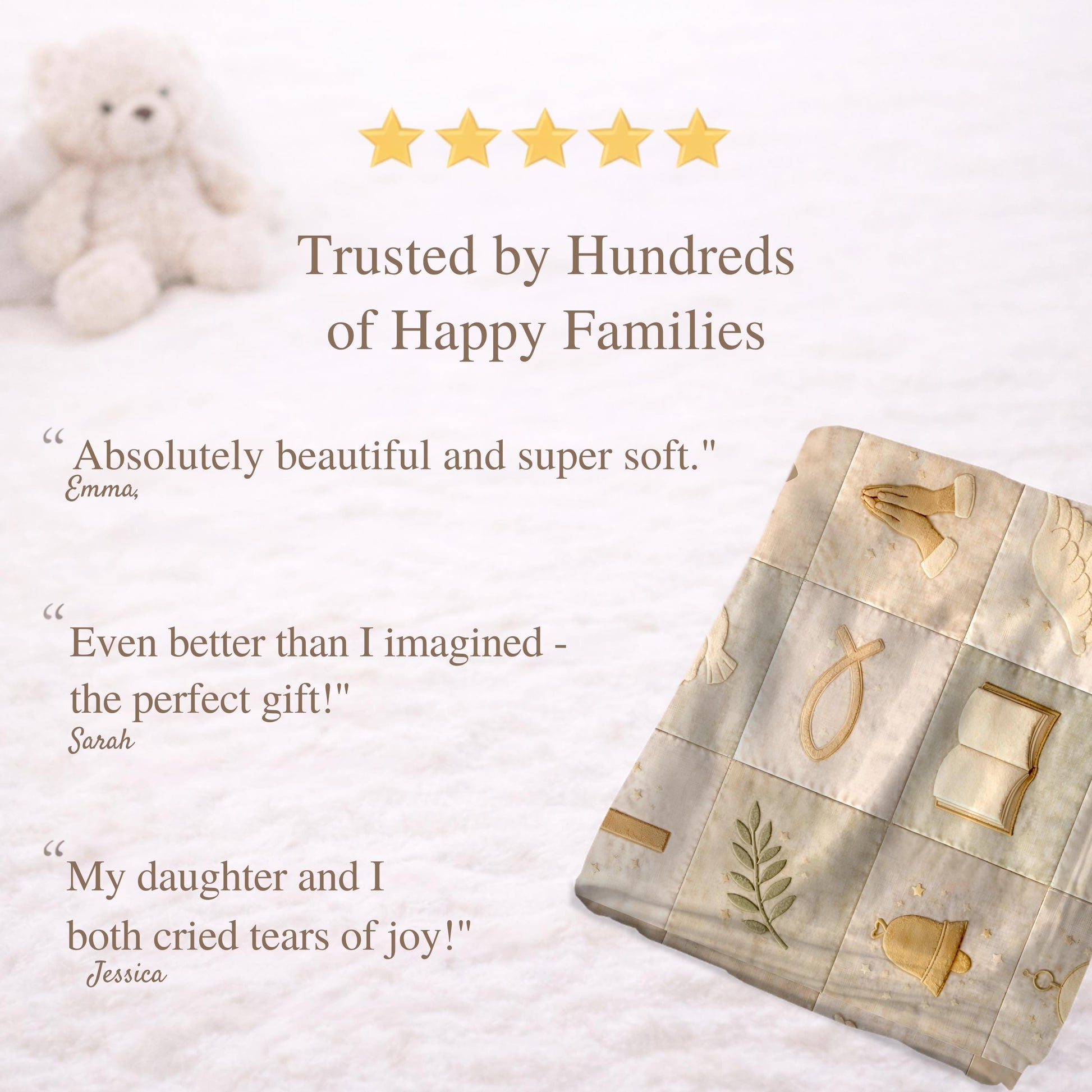 Christian patchwork look baby blanket with faith symbols in a soft quilt-style design. Neutral tones, optional name, perfect baptism gift.