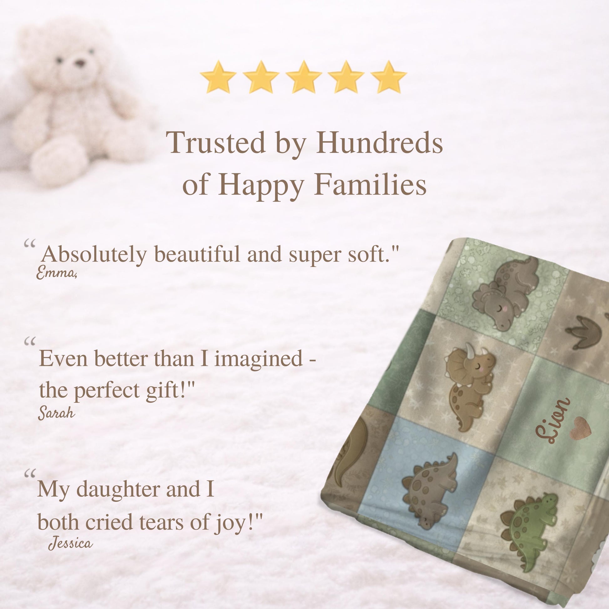 Personalized patchwork look baby blanket with cute dinosaurs in a soft quilt-style design. Neutral nursery colors with custom name panel.