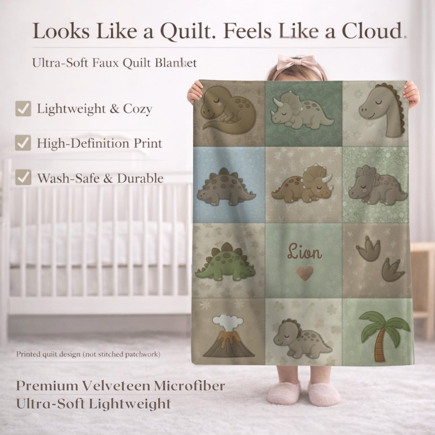 Personalized patchwork look baby blanket with cute dinosaurs in a soft quilt-style design. Neutral nursery colors with custom name panel.