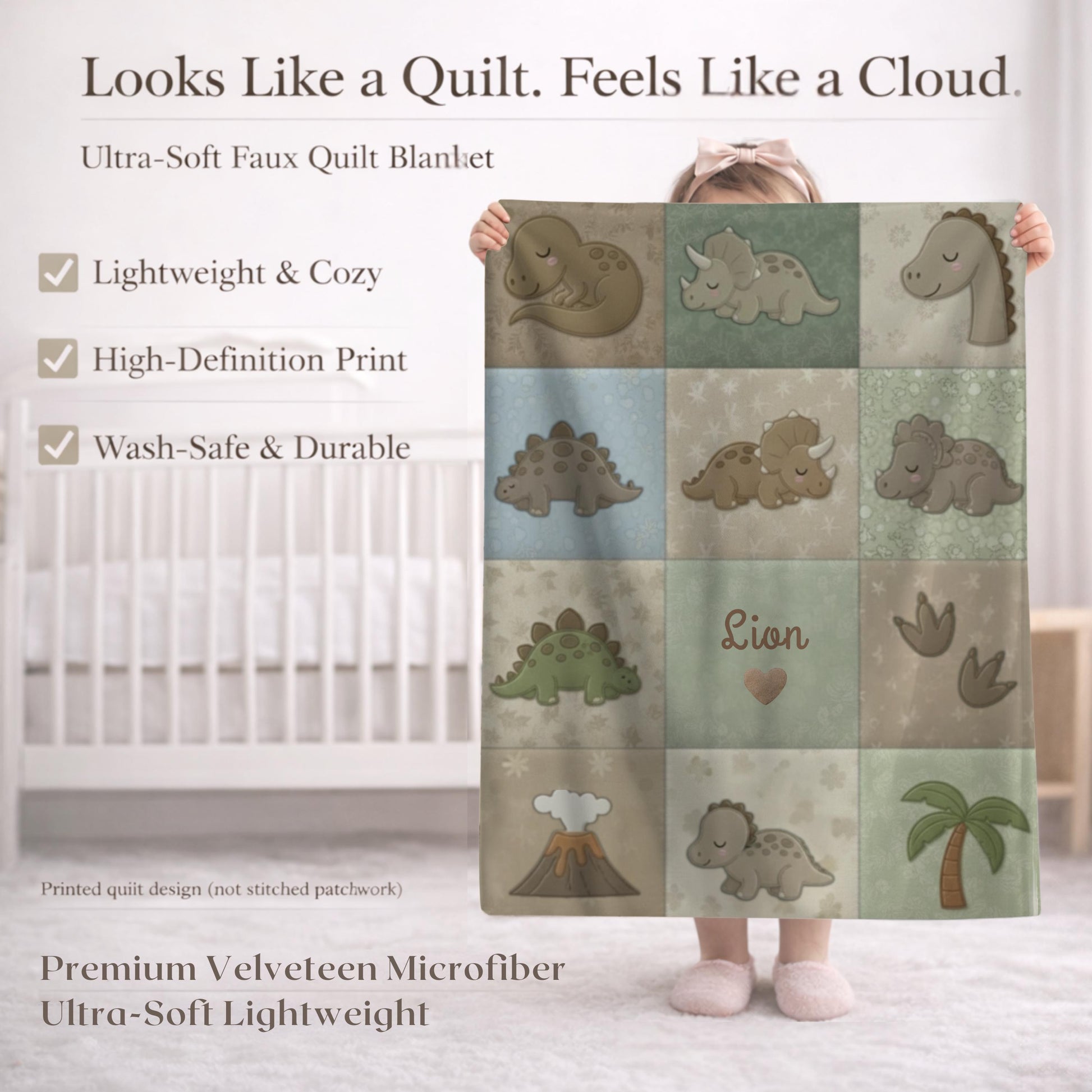 Personalized patchwork look baby blanket with cute dinosaurs in a soft quilt-style design. Neutral nursery colors with custom name panel.