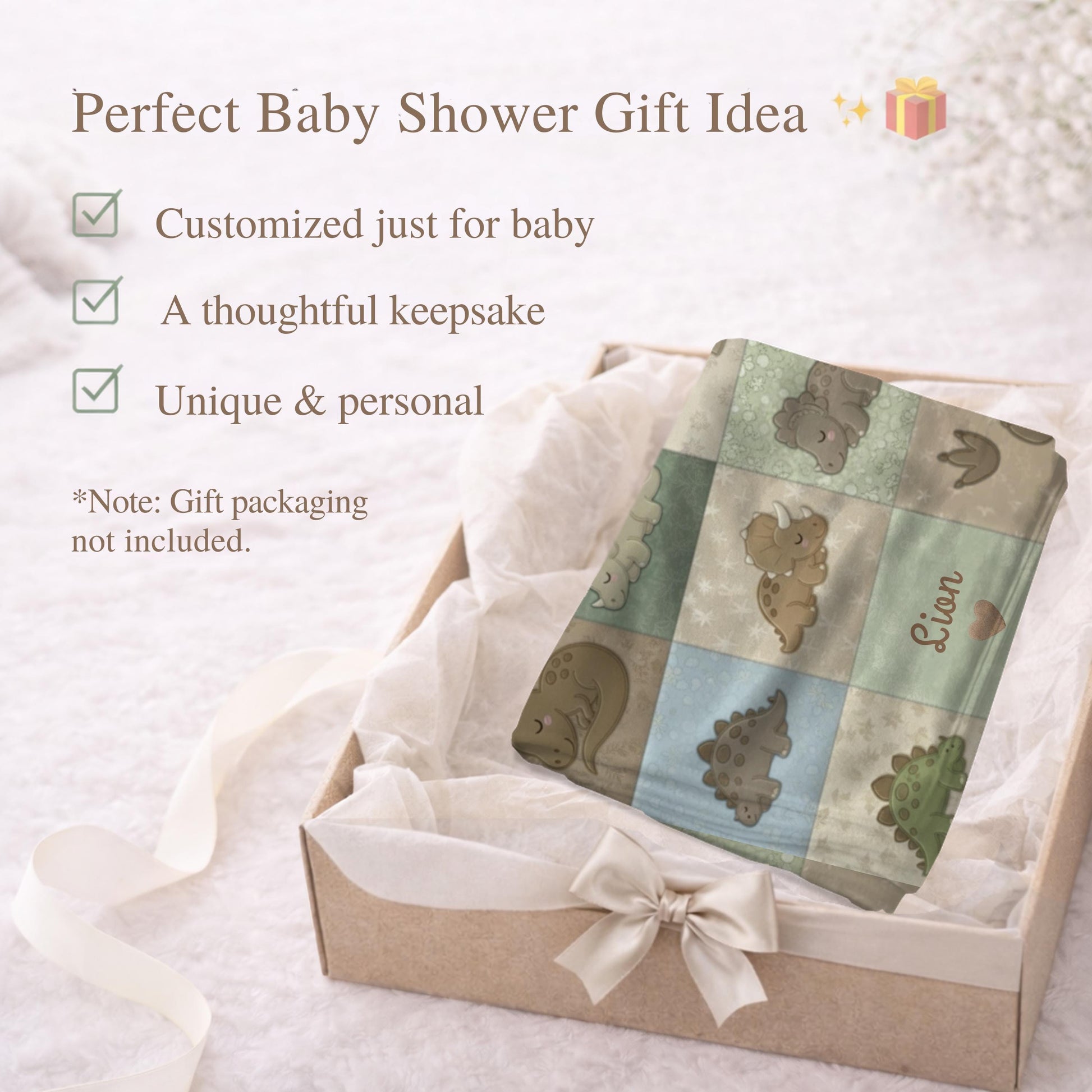 Personalized patchwork look baby blanket with cute dinosaurs in a soft quilt-style design. Neutral nursery colors with custom name panel.
