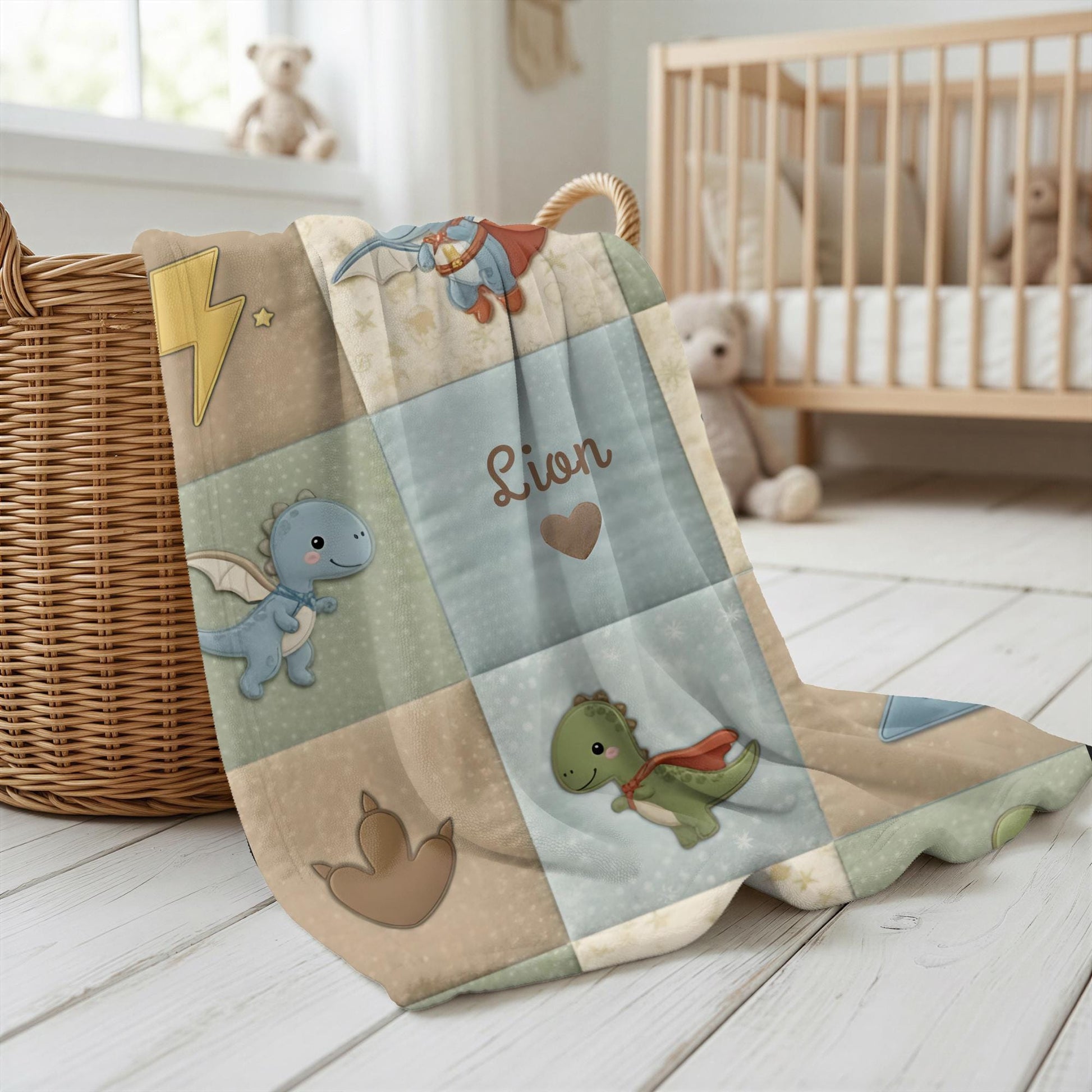 Superhero dinosaur baby blanket with name in playful action theme. Personalized dino hero design for fun nursery decor and unique baby gifts.