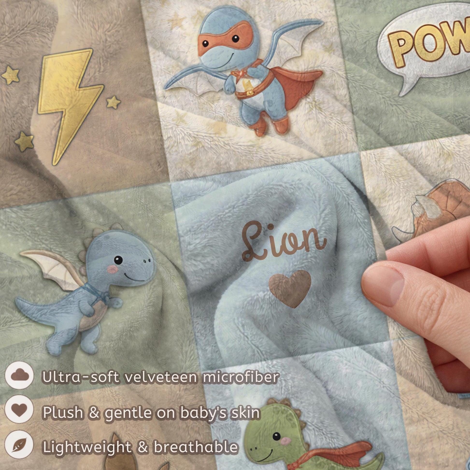 Superhero dinosaur baby blanket with name in playful action theme. Personalized dino hero design for fun nursery decor and unique baby gifts.