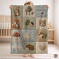 Personalized patchwork look baby blanket with name and sweet woodland animals like fox, deer and bear in a soft quilt style design. Cozy newborn gift.