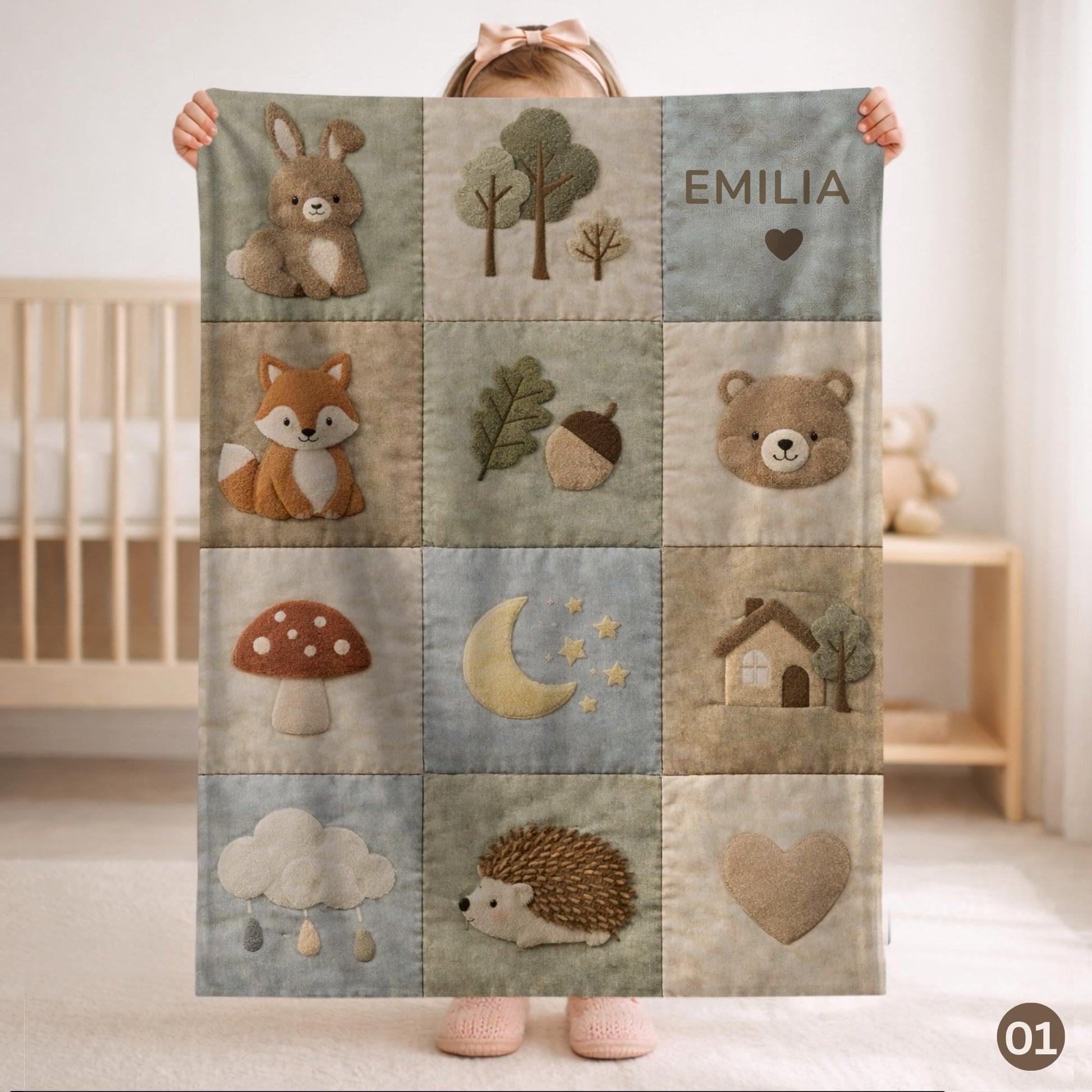 Personalized patchwork look baby blanket with name and sweet woodland animals like fox, deer and bear in a soft quilt style design. Cozy newborn gift.