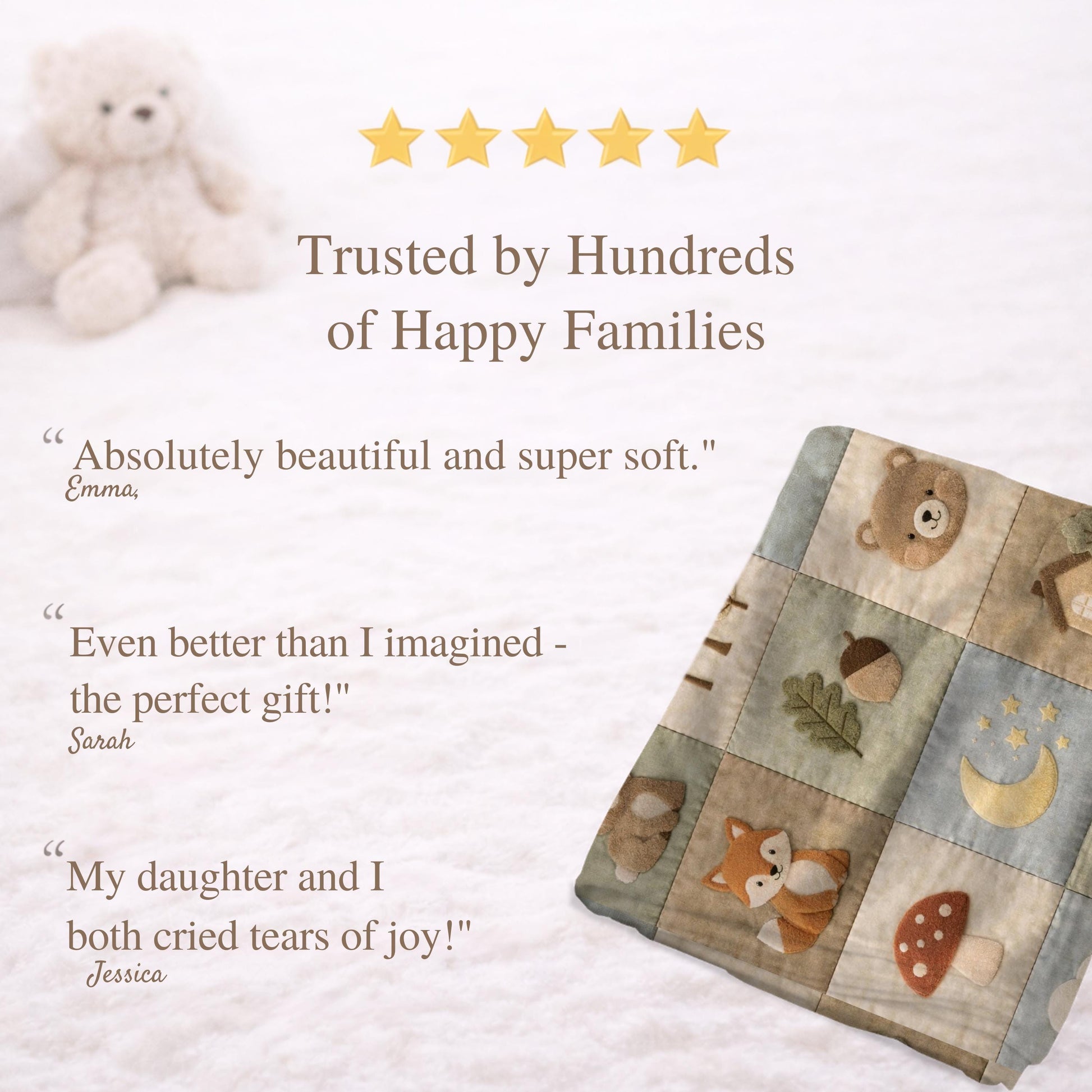 Personalized woodland baby blanket with forest patchwork quilt look in soft neutral colors. Cozy newborn blanket and boutique nursery gift.