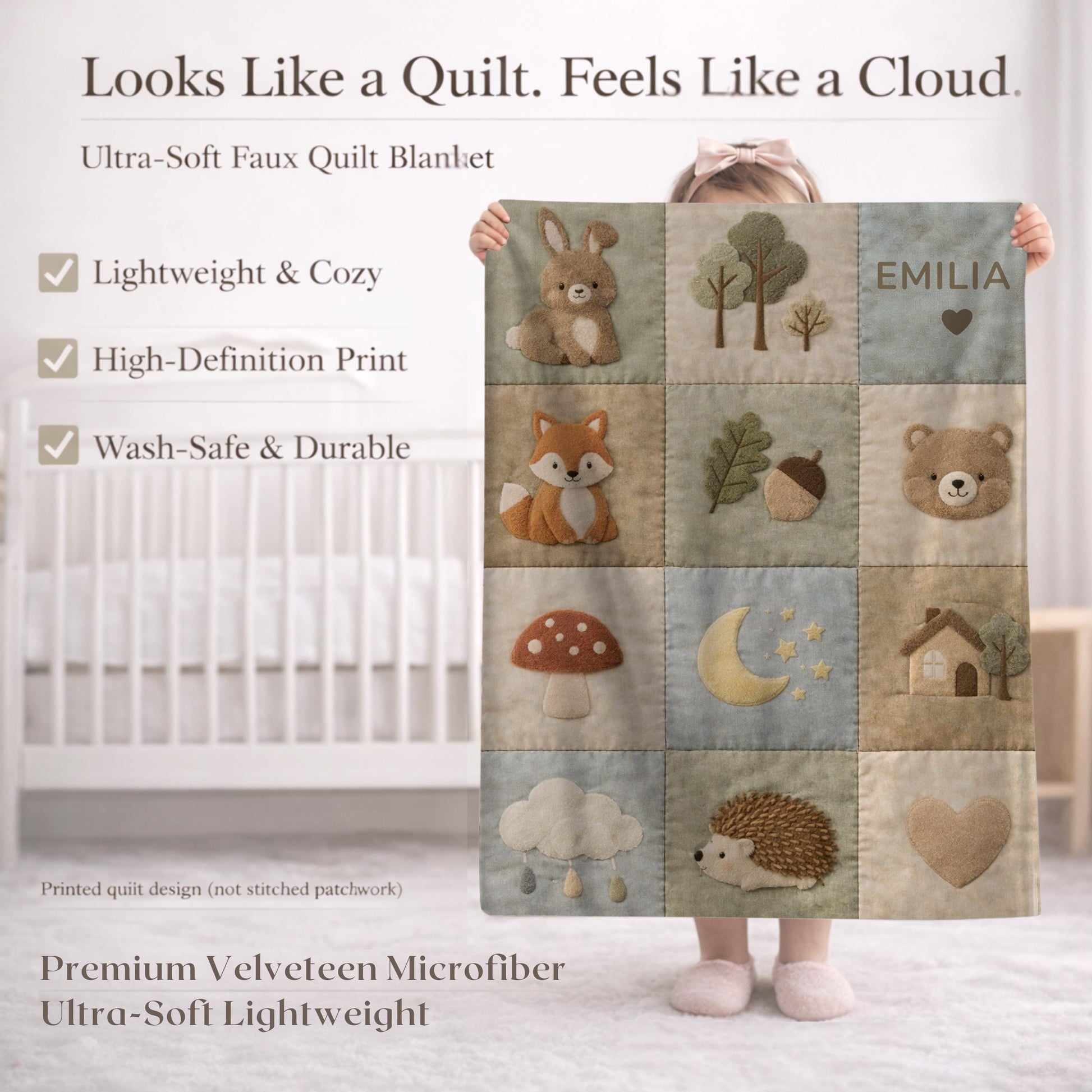 Personalized woodland baby blanket with forest patchwork quilt look in soft neutral colors. Cozy newborn blanket and boutique nursery gift.