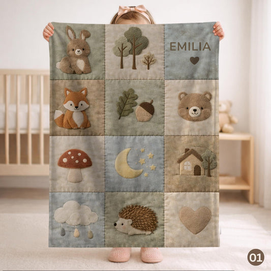Personalized woodland baby blanket with forest patchwork quilt look in soft neutral colors. Cozy newborn blanket and boutique nursery gift.