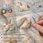 Personalized patchwork look baby blanket with farm quilt design in soft neutral colors. A cozy newborn blanket and timeless boutique baby gift.